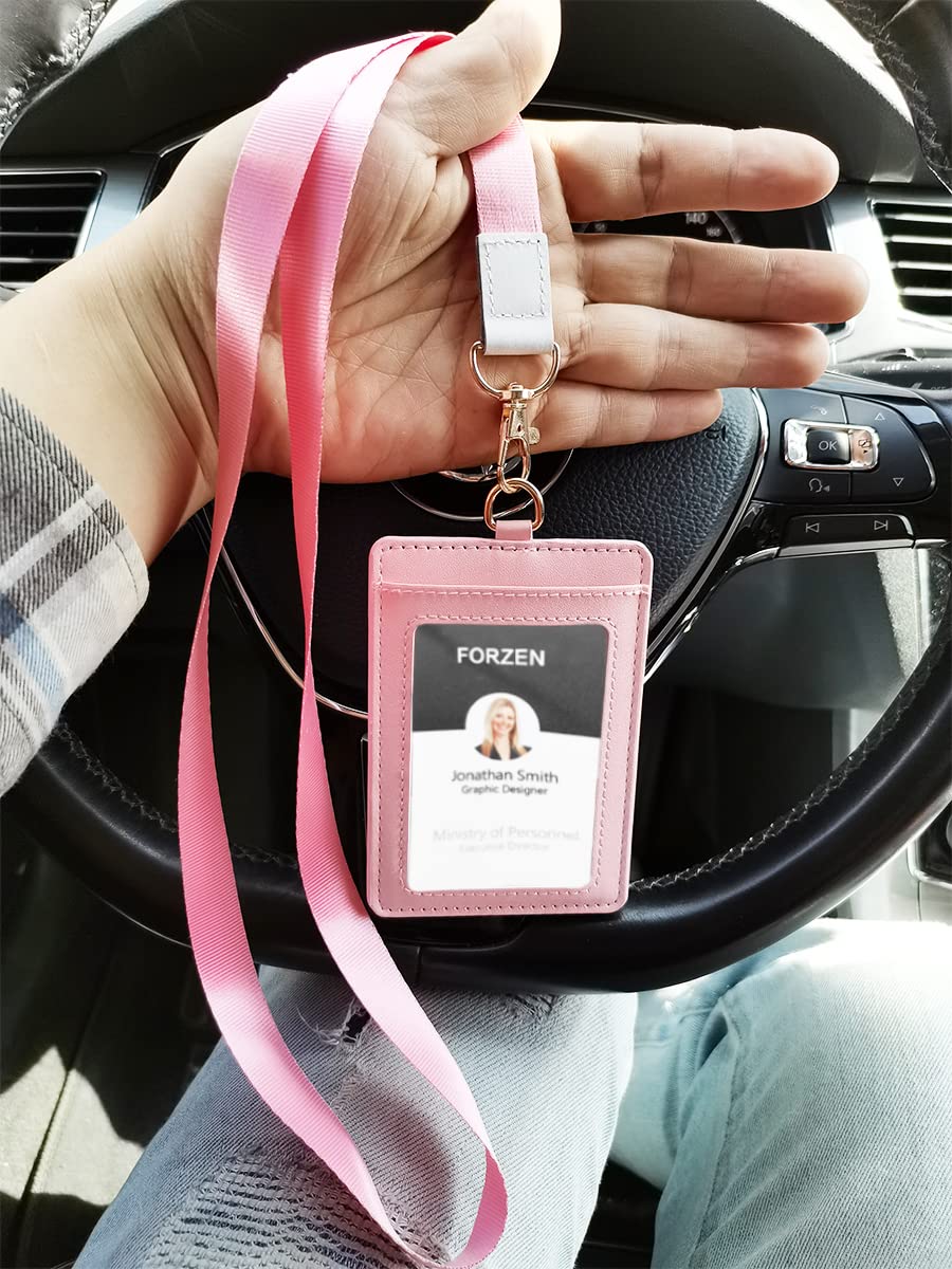 Slim Leather ID Badge Holder & Credit Card Wallet - Minimalist Vertical Design with Neck Lanyard for Men & Women (Pink) - Perfect for Office, School, Events & Travel Accessories