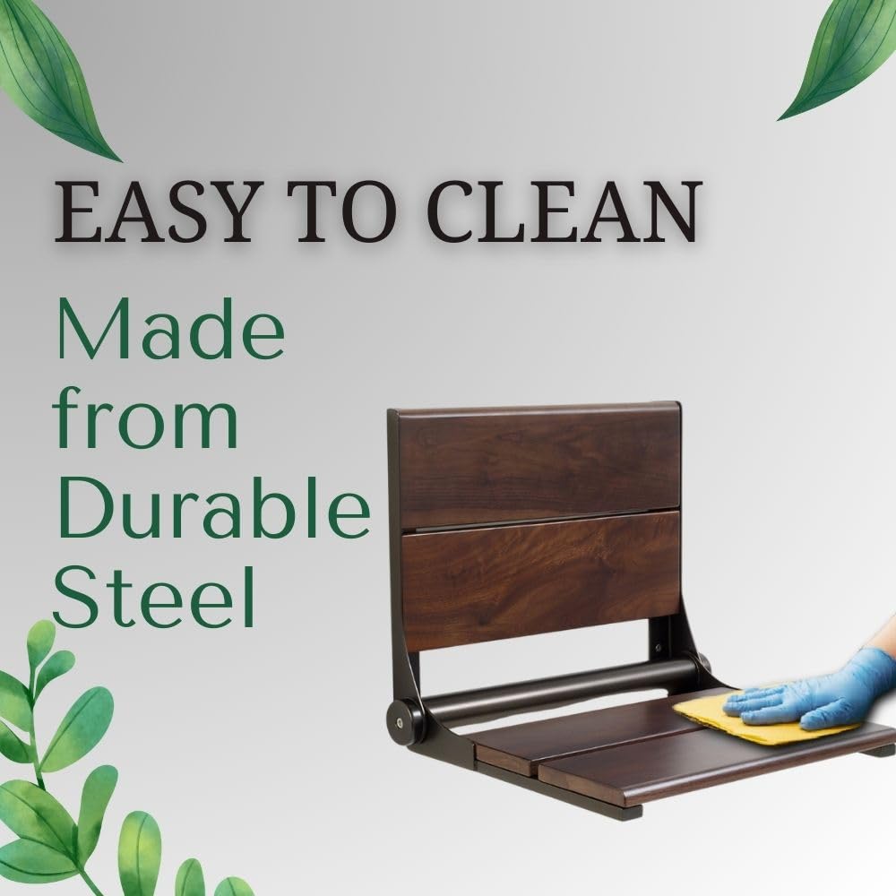 Folding Shower Seat with Back - ADA Compliant Wall Mount Bathroom Bench for Seniors & Disabled, 500 lb Weight Capacity, Walnut Finish, 304 Stainless Steel, Oil Rubbed Bronze, 26x16 Inches - Perfect for Elderly Safety, Accessible Bathing & Spa Relaxation