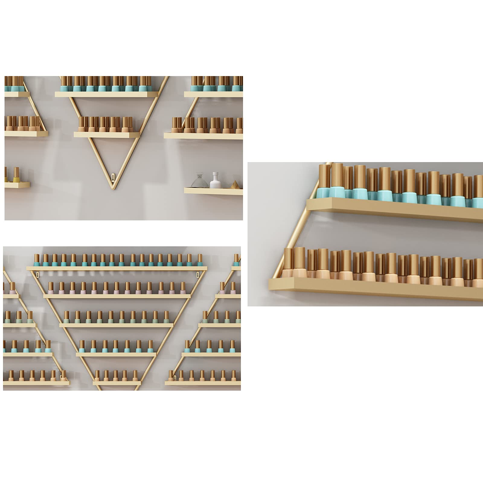 10-Piece Metal Nail Polish Organizer Set - 5-Tier Wall Mounted Display Rack Holds 550 Bottles, Gold Triangle Essential Oil & Nail Polish Storage Shelf for Salon, Spa & Home Decor