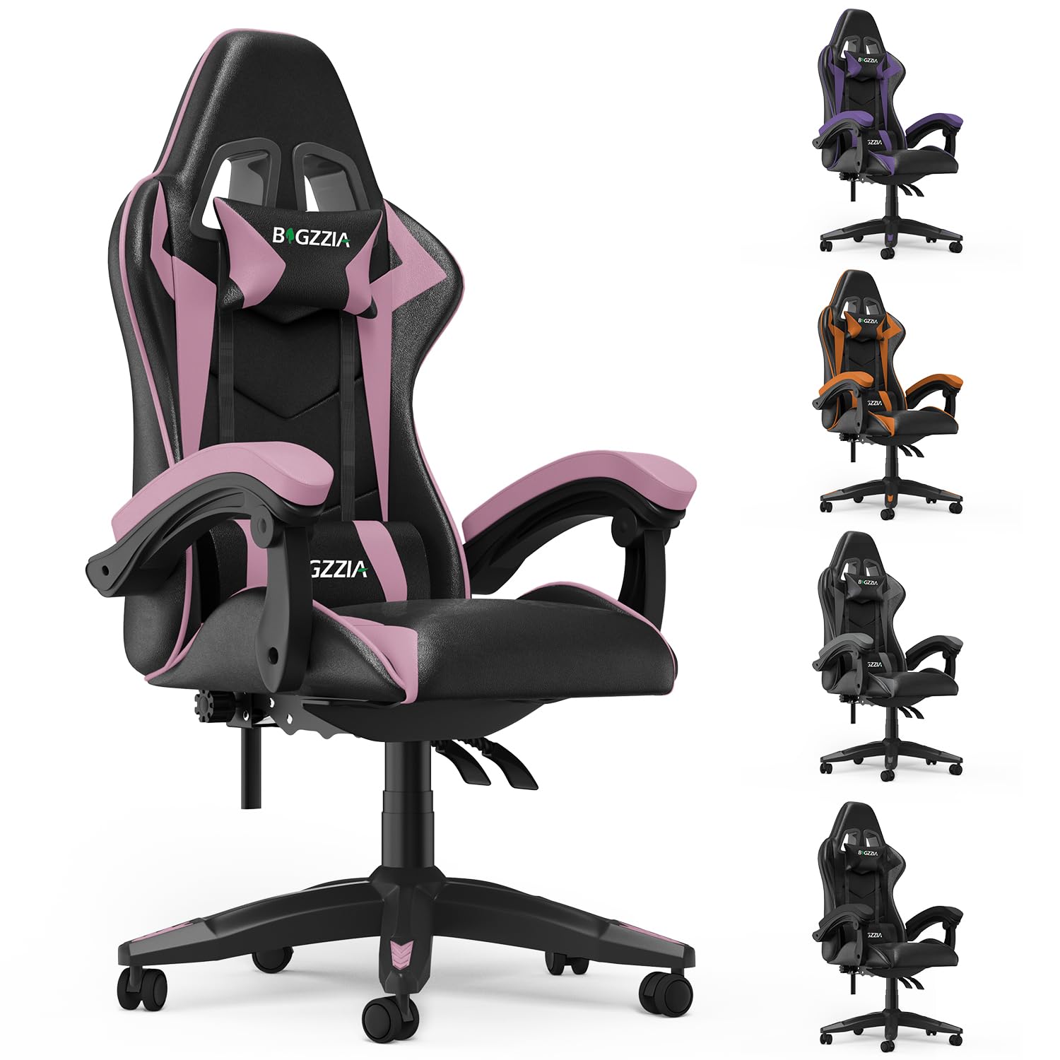 Bigzzia Ergonomic Gaming Chair for Adults - Adjustable Height, Reclining, 360° Swivel Racing Style Office Chair with Headrest & Lumbar Support - Black/Pink - Perfect for PC Gaming, Streaming & Home Office Work