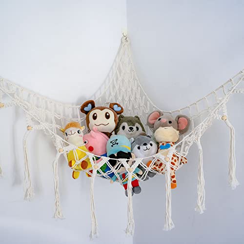 Macrame Stuffed Animal Hammock with Tassels - Plush Toy Storage Net Organizer for Nursery, Playroom & Kids Bedroom - Perfect for Boho Decor and Space-Saving Toy Organization