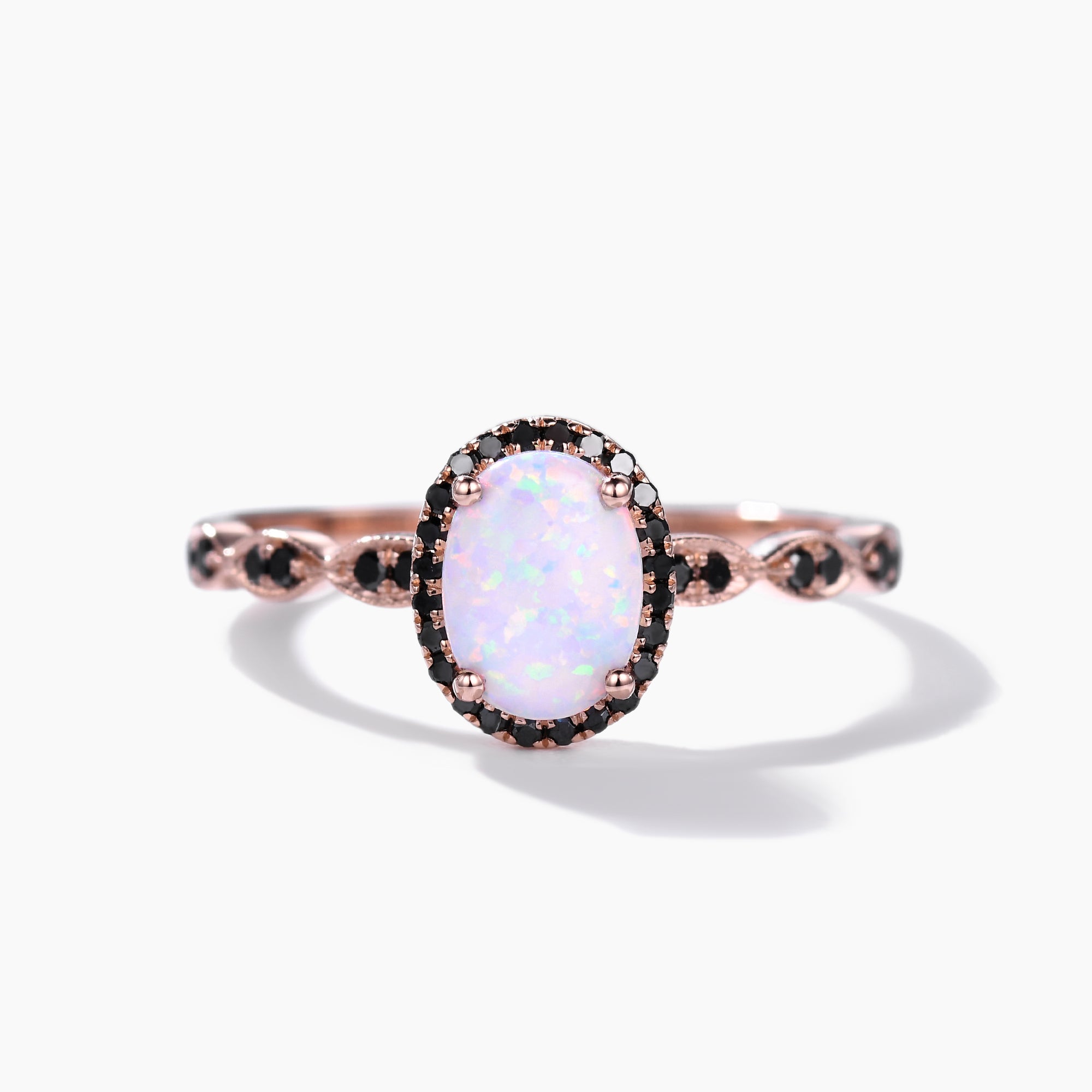 Exquisite Art Deco Opal & Black Diamond Engagement Ring in Rose Gold with Milgrain Detailing - Perfect for Vintage-Inspired Wedding Proposals & Anniversary Gifts