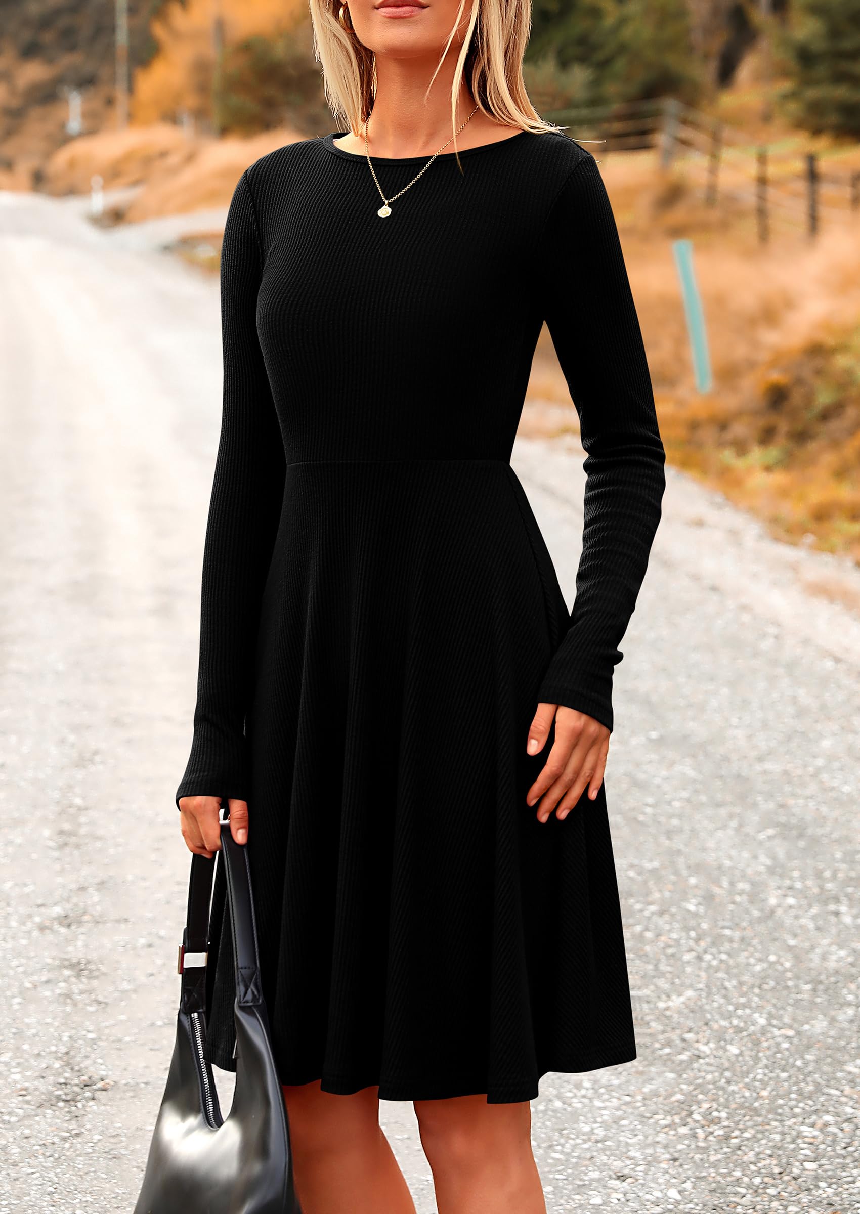 PRETTYGARDEN Women's Ribbed Knit Dress - Long Sleeve Crewneck A-Line Flowy Casual Dress for Spring & Fall | Perfect for Office Wear, Date Nights & Weekend Outings
