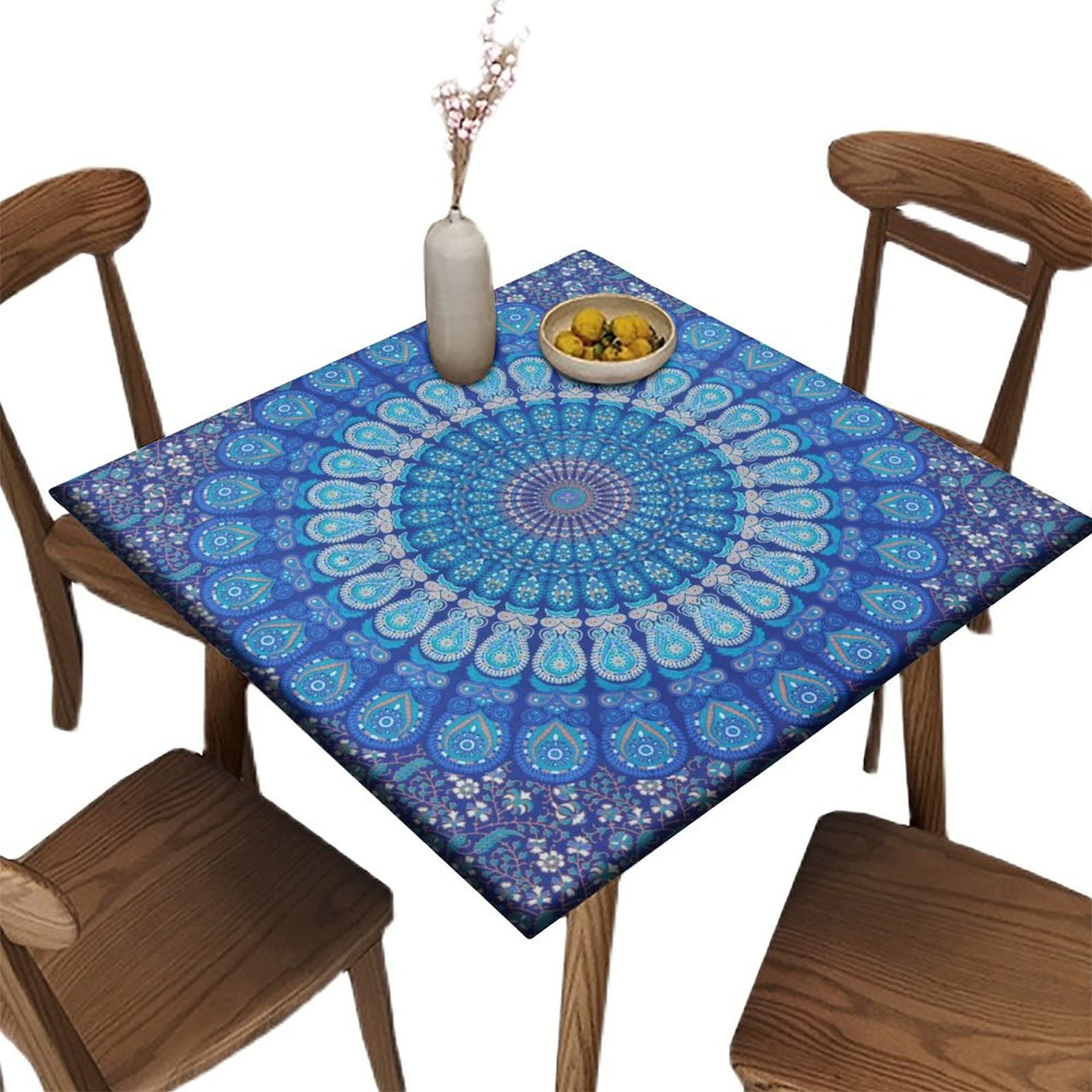 SongYi Bohemian Style Elastic Edged Square Tablecloth - Washable Polyester Table Cover for 42'' x 42'' Tables - Perfect for Restaurants, Picnics, Patio & Outdoor Party Decor - Vintage Country Retro Design