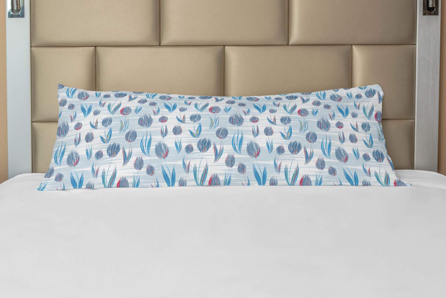 Ambesonne Tulip Body Pillow Cover with Zipper - Floral Tiled Tulips Design, Blue Long Pillowcase 21