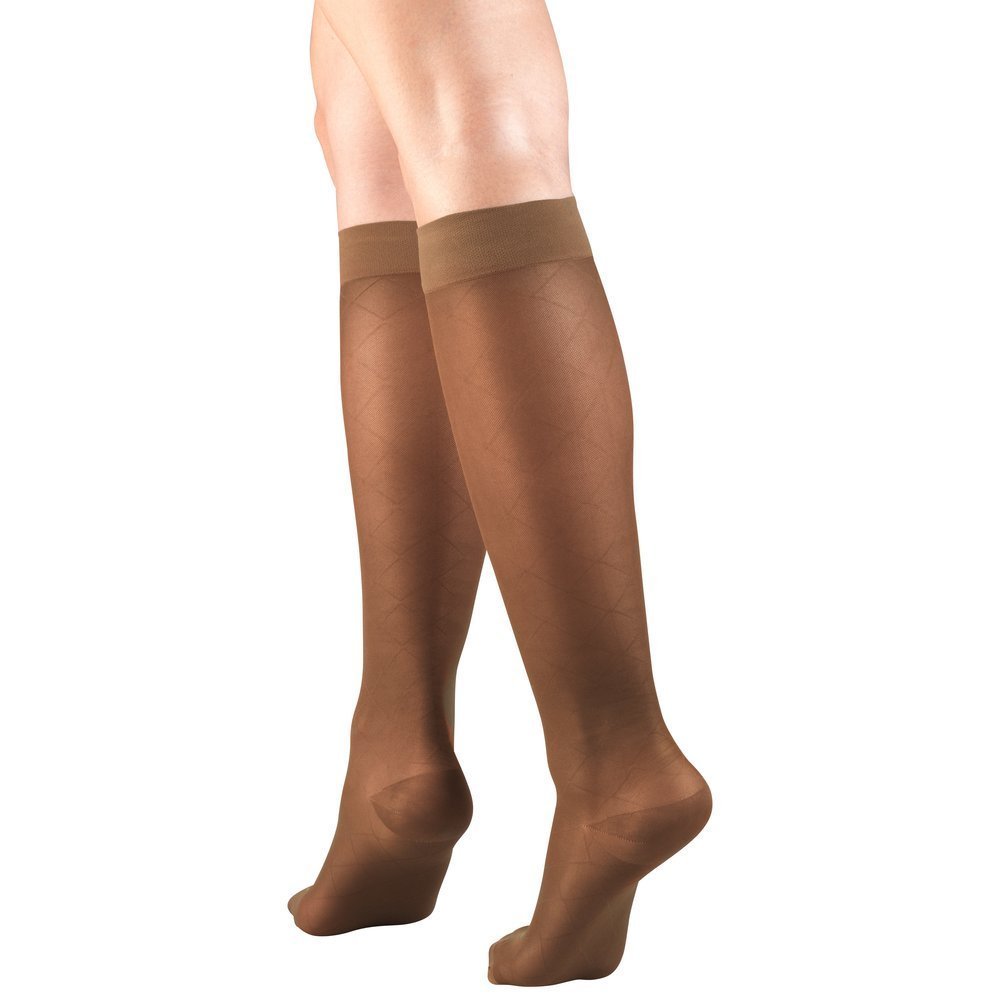 Truform Sheer Compression Stockings 15-20 mmHg for Women - Knee High Support Socks with Diamond Pattern in Espresso (Large) - Perfect for Travel, Work & Varicose Vein Relief