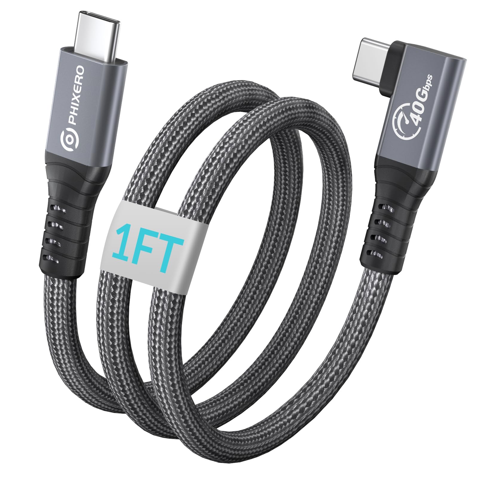 PHIXERO USB 4 Cable 1FT - Thunderbolt 3/4 Compatible Right Angle USB C to USB C Cable - 100W Fast Charging, 40Gbps Data Transfer, 8K/Dual 4K Display Support - for MacBook Pro, iPad Pro, Dell XPS & More