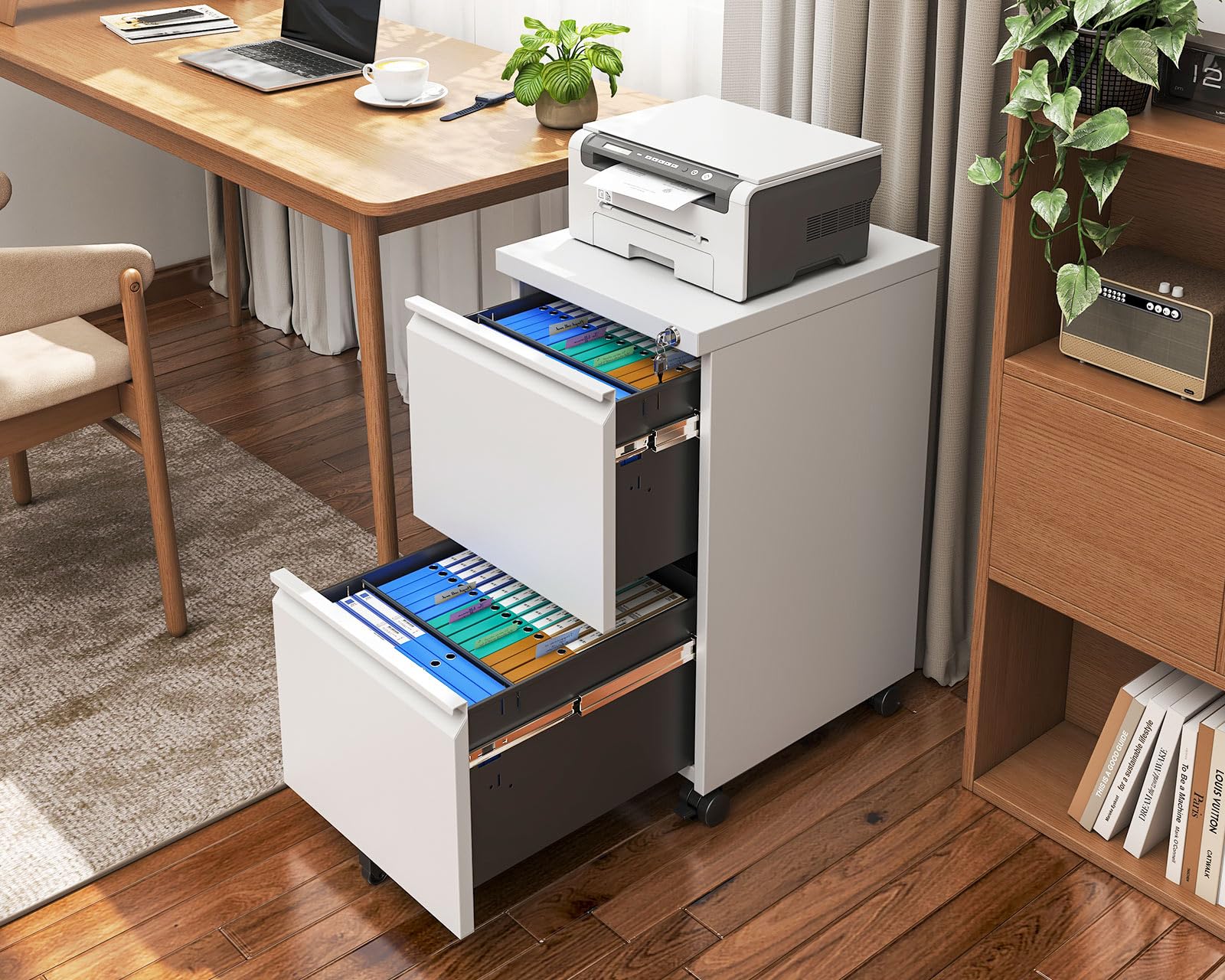 AODK 2-Drawer Rolling File Cabinet with Lock - Fully Assembled Mobile Storage for A4, Legal & Letter Files - White - Perfect for Home Office, Small Business & Workspace Organization