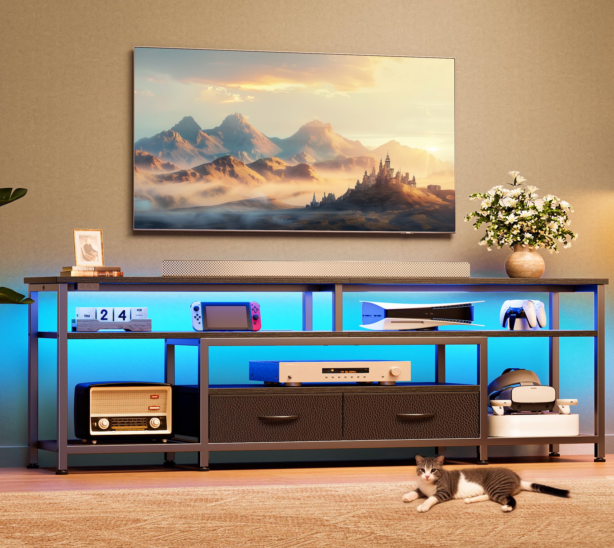 Huuger 65-70 Inch TV Stand with Power Outlets & LED Lights - Modern Entertainment Center with Storage Drawers & Shelves - Black Media Console for Living Room, Home Theater & Gaming Setup