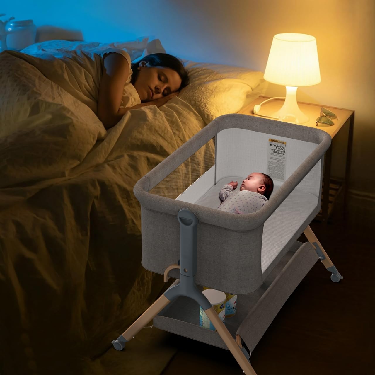 Portable Baby Bassinet with Waterproof Mattress Cover - Adjustable Height Bedside Crib with Wheels & Storage for Newborns (Warm Beige) | Perfect for Nursery, Bedroom & Travel Use