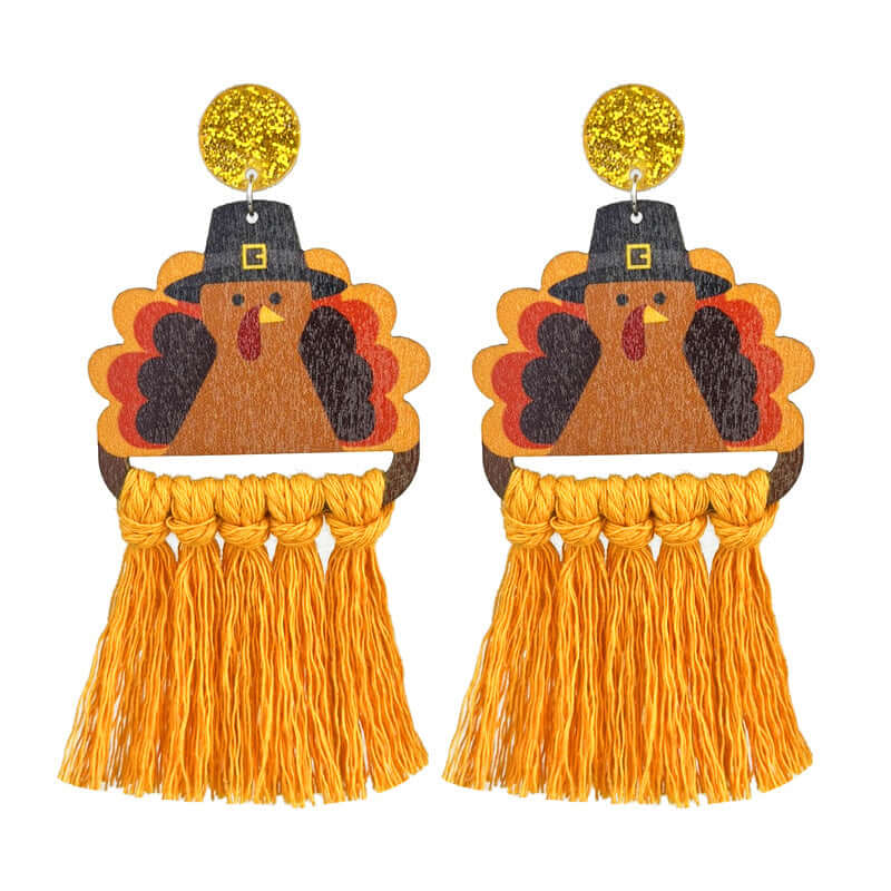 Thanksgiving Turkey Pumpkin Tassel Earrings for Women - Handmade Woven Fall Autumn Leaf Dangle Earrings | HY0910 | Perfect for Thanksgiving Party, Autumn Festival, Halloween Costume Accessories