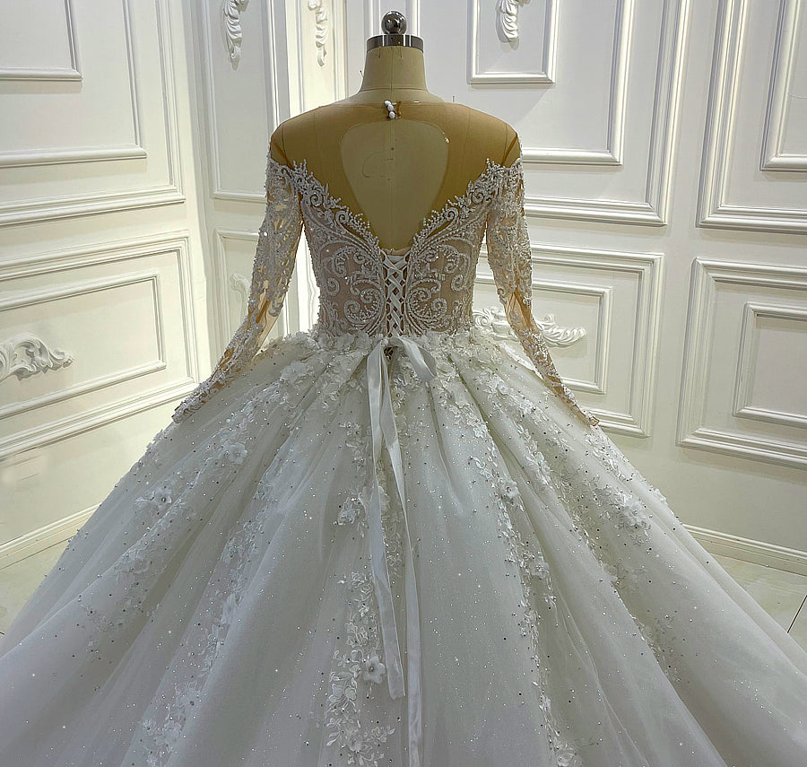 Elegant Long Sleeve Ball Gown Sheer Wedding Dress AM1116 - Perfect for Bridal Ceremony, Formal Events & Romantic Photoshoots
