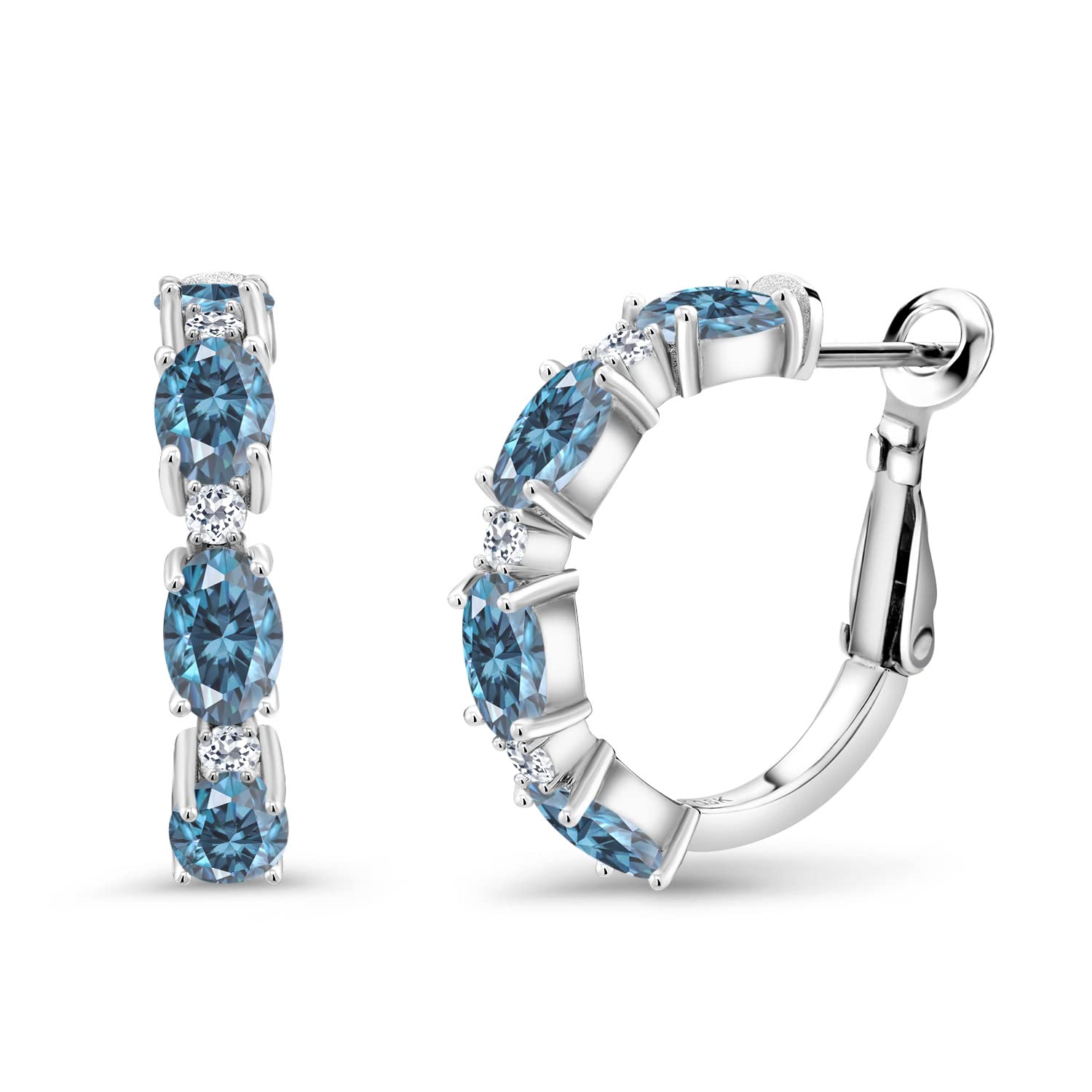 925 Sterling Silver Hoop Earrings with Oval Persian Blue Moissanite & White Topaz (3.84 CTTW) - Elegant Gemstone Jewelry for Women, Perfect for Weddings, Parties & Everyday Wear