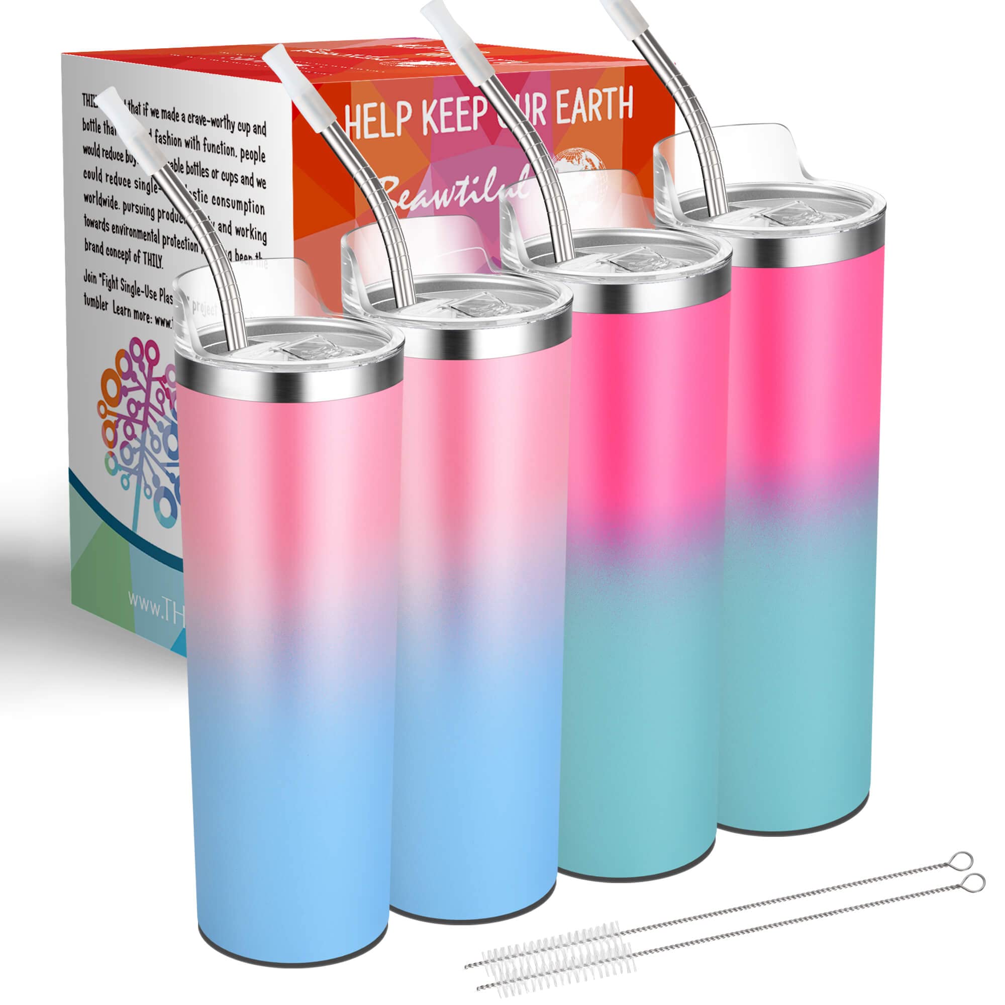 THILY 22 oz Stainless Steel Vacuum Insulated Travel Tumbler - 4 Pack Mix Color Coffee Mugs with Lids & Straws, Powder Coated Cold Drink Cups for Office, Gym, Hiking & Car Commute, Non-Slip Bottom, BPA Free