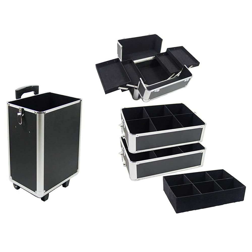 4 in 1 Professional Aluminum Makeup Train Case with Wheels - Rolling Cosmetic Organizer for Beauty Artists, Stylists & Travel - Black | Perfect for Salon, Bridal & On-Site Makeup Services