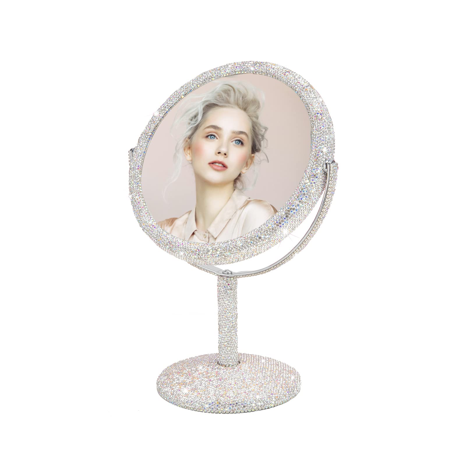 KEYPOWER Bling Rhinestone Vanity Mirror - Round Double-Sided Cosmetic Mirror with Stand, Glitter Movable Desk & Tabletop Mirror for Bathroom, Bedroom, Makeup Station (White) - Perfect for Makeup Application, Skincare Routine & Home Decor