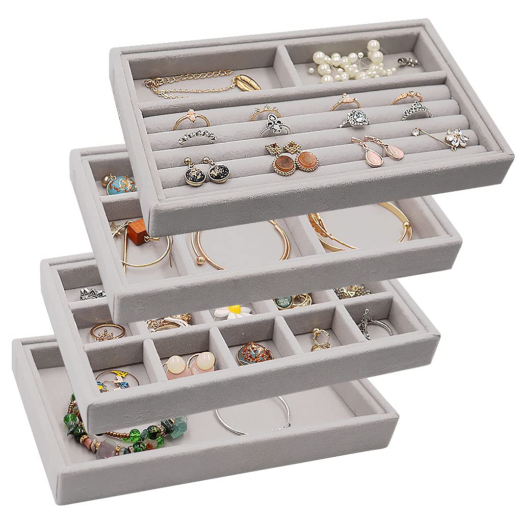 Stackable Jewelry Organizer Trays - 4-Piece Velvet Drawer Inserts for Earrings, Rings, Necklaces, Bracelets & Watches | Gray Jewelry Storage Box with Brooch Holder - Perfect for Bedroom, Closet & Travel Organization