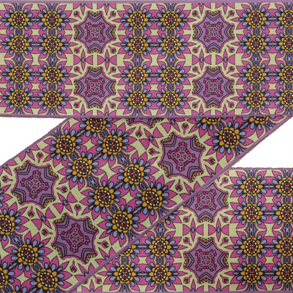 IndianBeautifulArt Beige Floral Moroccan Printed Velvet Ribbon Trim - 9 Yards x 4 Inches Wide for Sewing, Crafts & DIY Projects - Perfect for Home Decor, Gift Wrapping & Costume Accessories