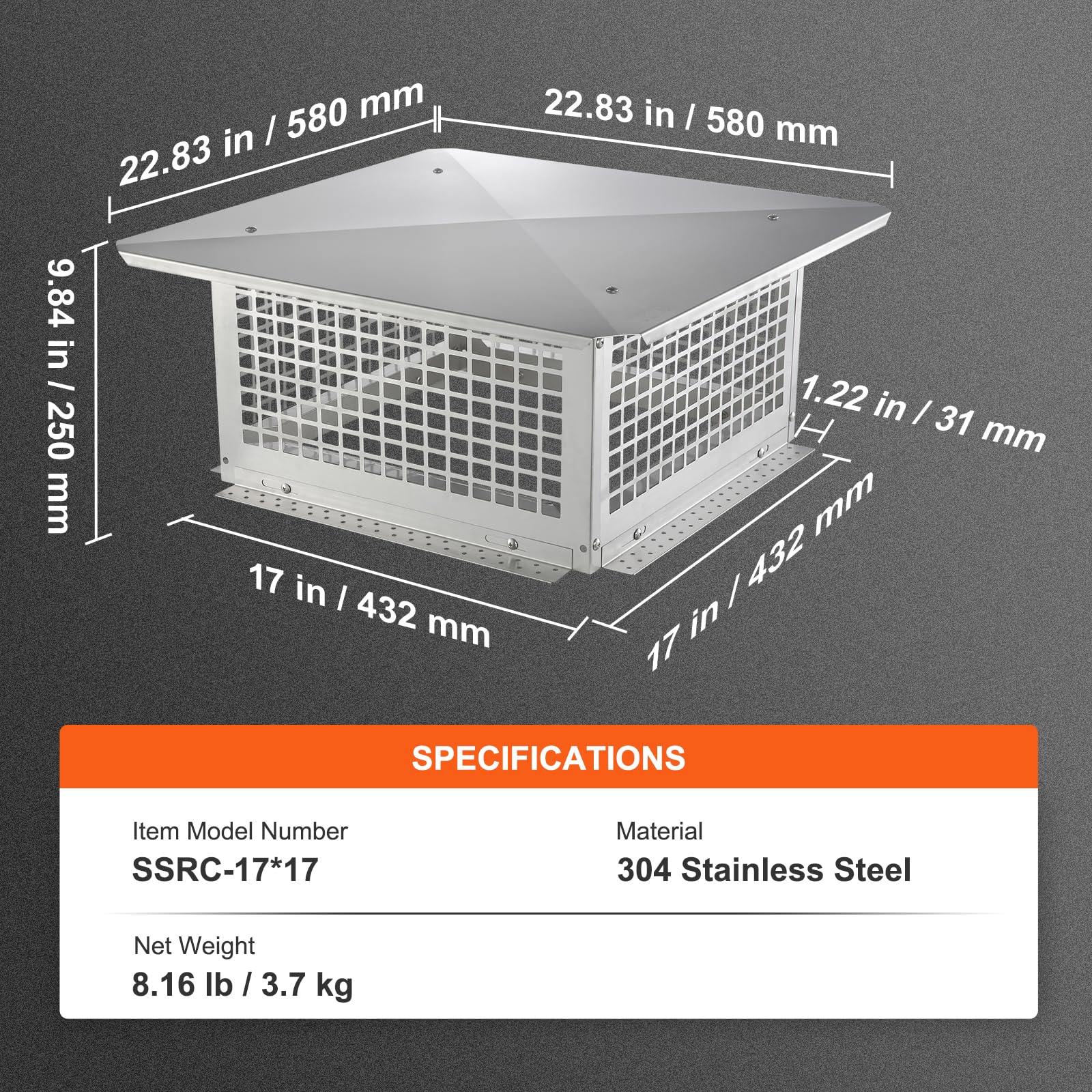 VEVOR 17x17 Inch Chimney Cap - Durable Stainless Steel Mesh Cover for Clay Flue & Shingles, Easy Installation & Weatherproof Design - Perfect for Home Fireplace, Roof Ventilation & Outdoor Protection