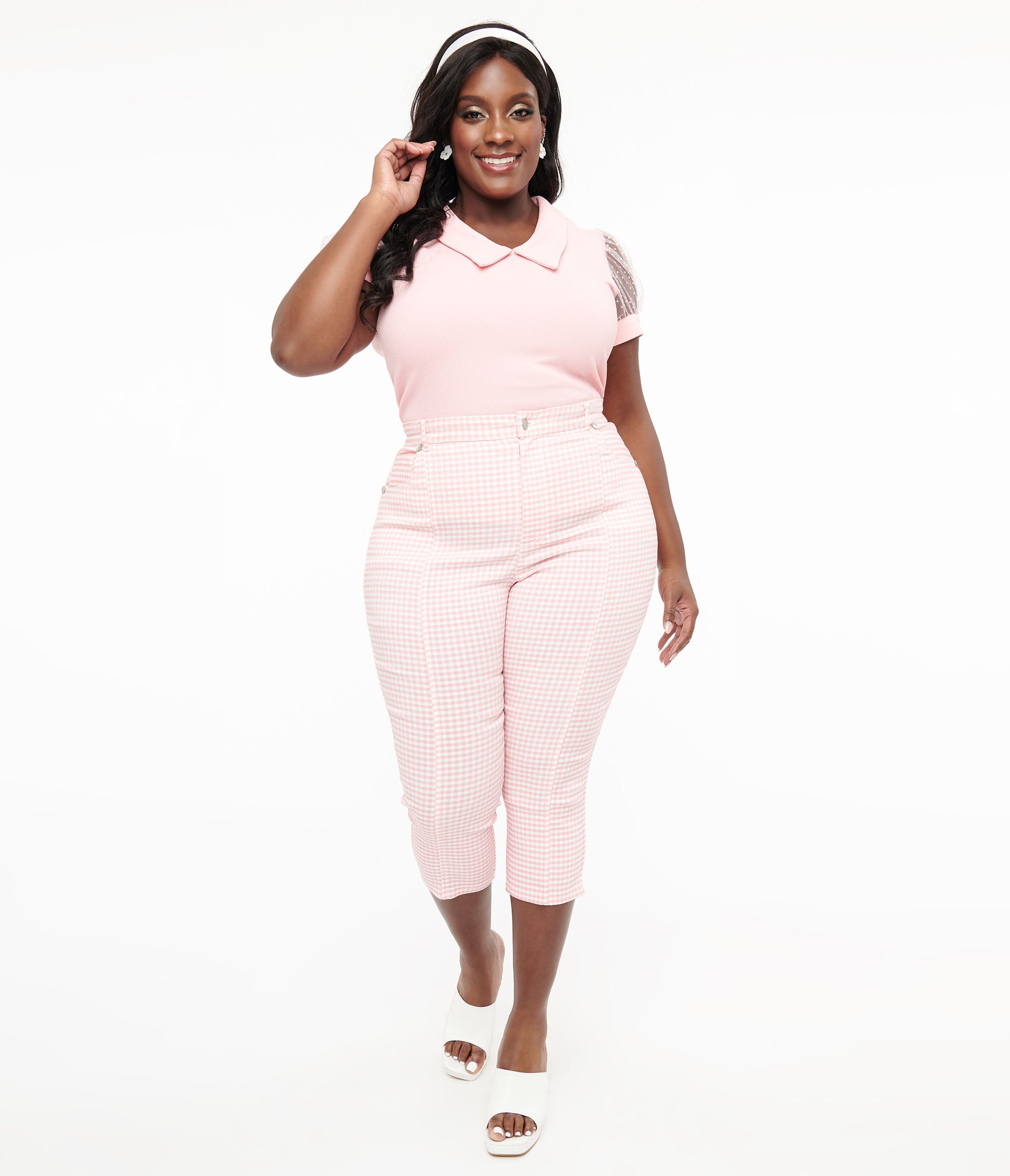 Smak Parlour Plus Size Pink & White Gingham Capri Pants for Women - Comfortable Stretch Summer Casual Pants for Beach, Vacation & Everyday Wear