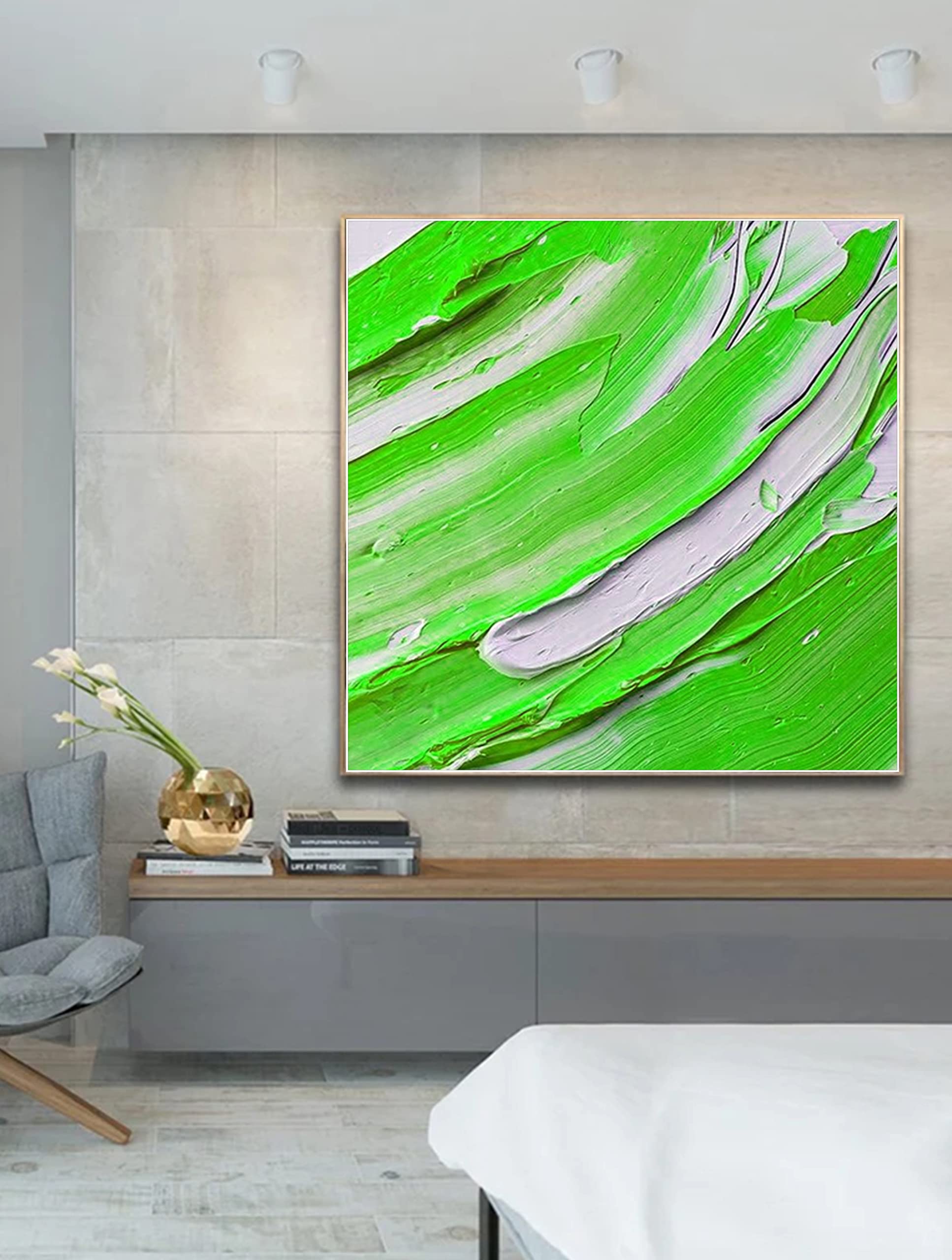 Large Abstract Green Oil Painting on Canvas - 32x32 Inch Wall Art for Home, Bedroom & Office Decor | Handmade Original Artwork for Modern Living Spaces