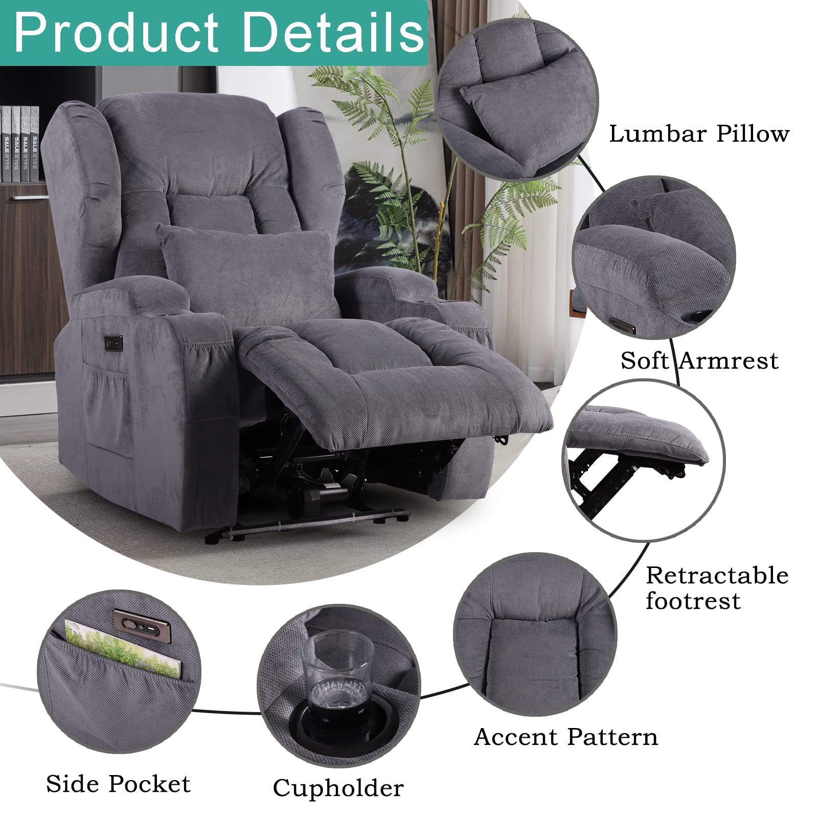 2PC Power Recliner Chair Set with Massage & Heat - Home Theater Seating with LED Lights & USB Ports, Reclining Sofa Chairs for Living Room, Game Room or Movie Theater - Includes Cup Holders & Remote Control - Perfect for Relaxing, Gaming & Movie Nights