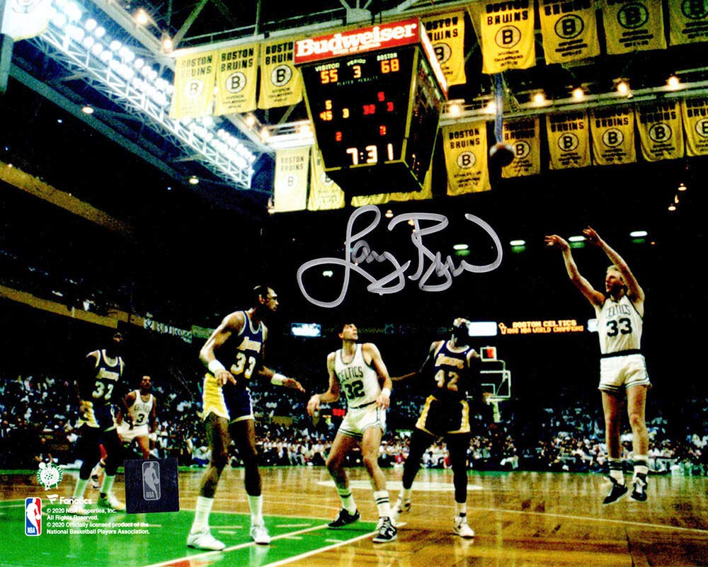 Larry Bird Autographed Boston Celtics 3-Point Shot vs Lakers 8x10 Action Photo - Authentic NBA Memorabilia for Sports Fans and Collectors - Perfect for Man Cave, Sports Bar, or Gift for Basketball Enthusiasts