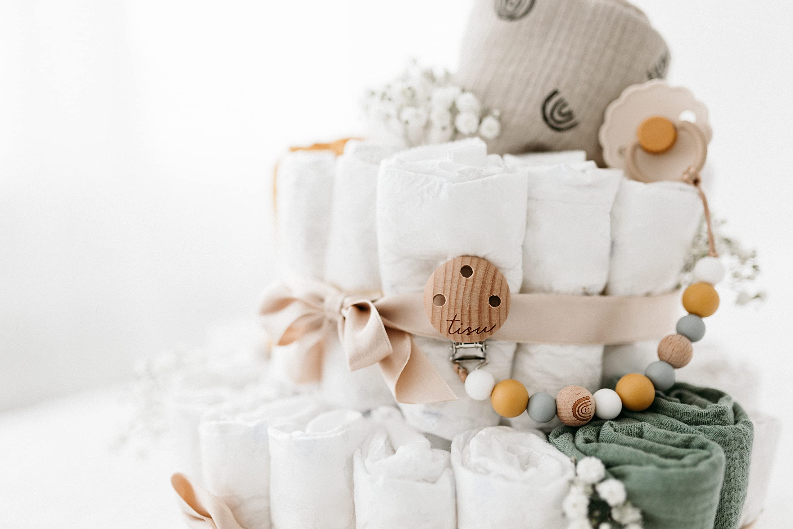 Organic Neutral Modern Diaper Cake for Baby Shower - Gender Neutral Beige Tulle Design by TISU | Perfect Baby Registry Gift for Boys & Girls | Newborn Welcome Gift & Nursery Decor