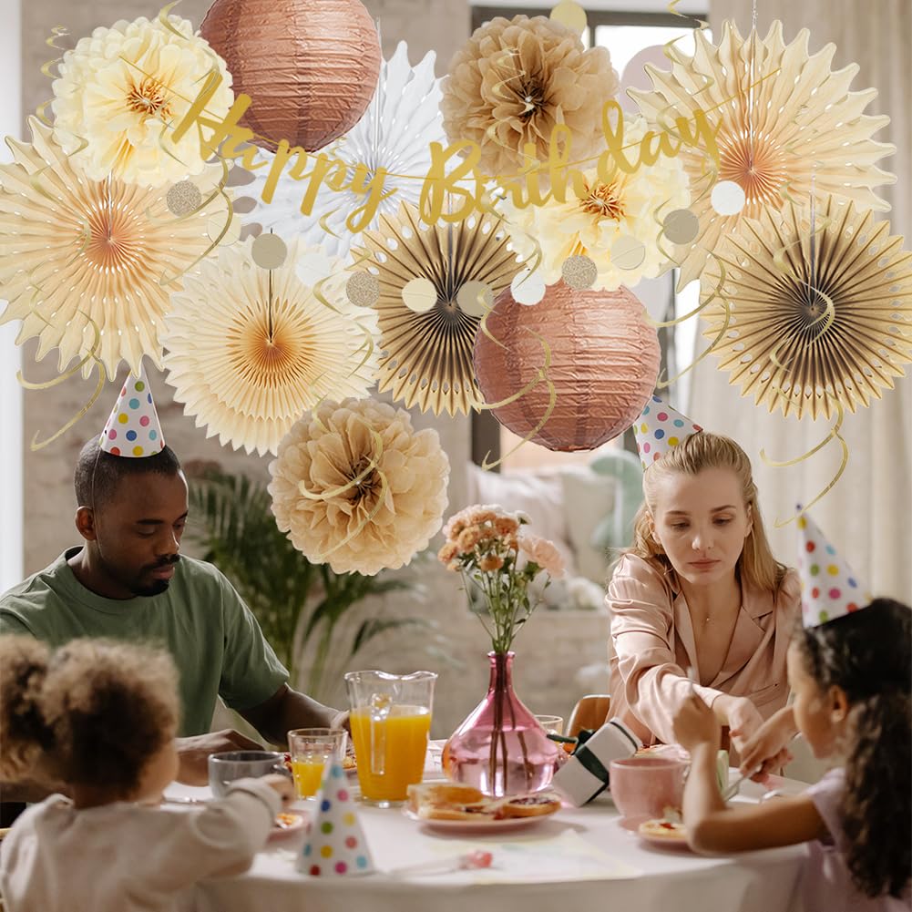 Boho Neutral Birthday Decorations - Brown Tissue Paper Fans, Cream Tan Lanterns with Happy Birthday Banner & Circle Garland - Rustic Party Decor for Women & Girls - Perfect for Birthday Parties, Baby Showers & Boho-Themed Events