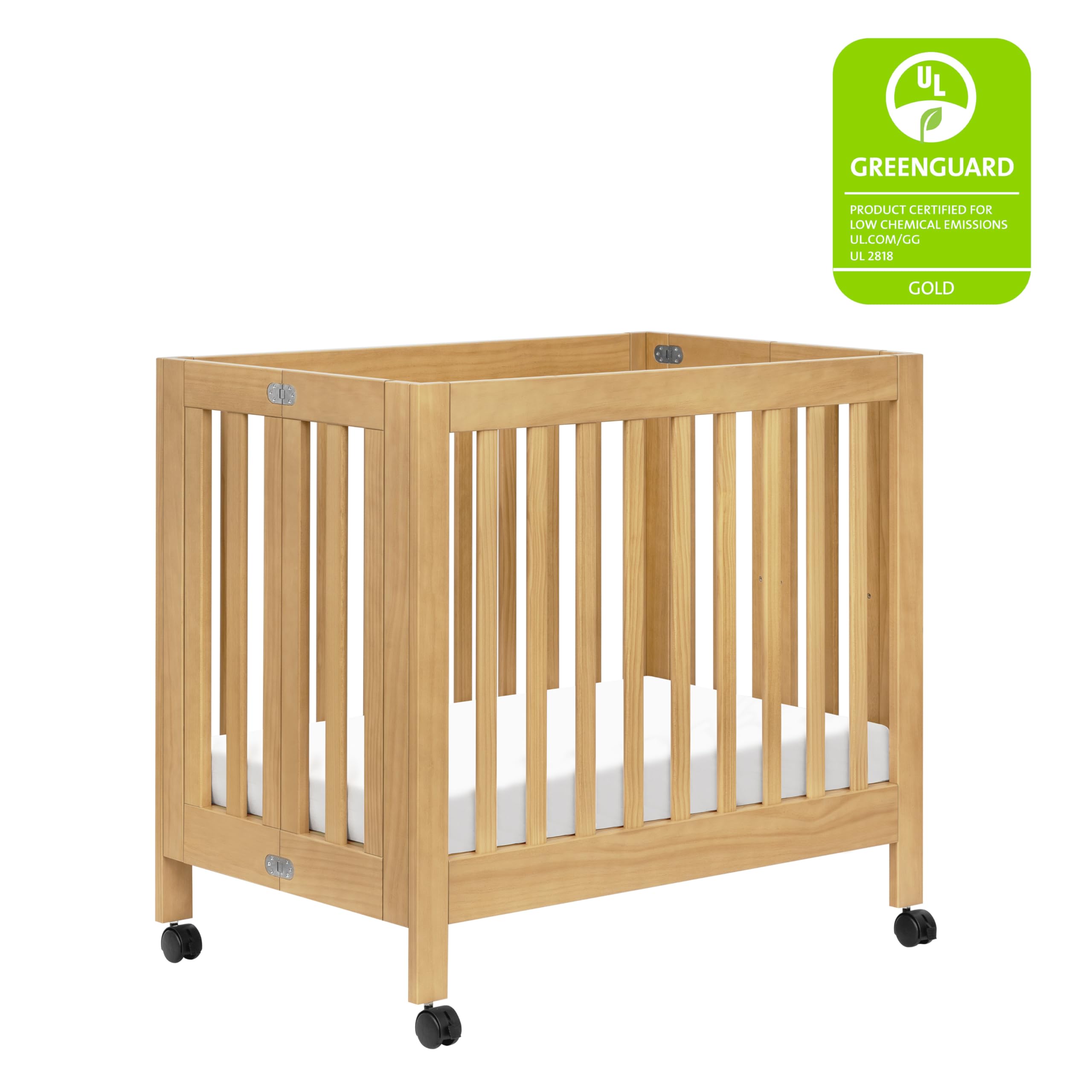 Babyletto Origami Mini Portable Crib with Wheels - Honey Color, 2 Adjustable Mattress Heights, Greenguard Gold Certified | Compact Folding Travel Crib for Nursery, Bedroom & On-the-Go Parents