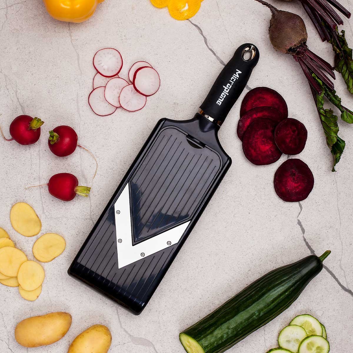 MICROPLANE Adjustable V Slicer Mandoline - Professional Kitchen Tool for Perfectly Thin Slices of Fruits, Vegetables & Cheese - Ideal for Salads, Garnishes & Meal Prep