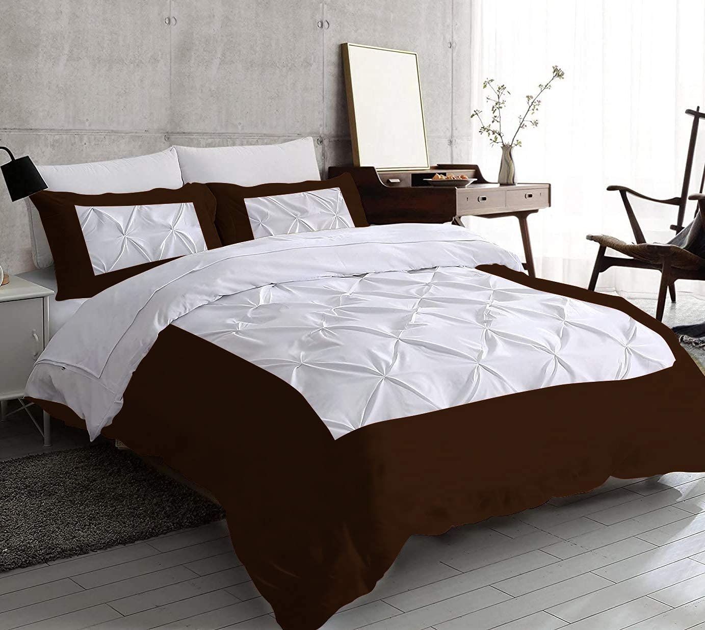 3 Piece Two-Tone Pinch Pleated Duvet Cover Set with Zipper Closure & Corner Ties - 100% Egyptian Cotton 800 Thread Count - Full/Queen Size, White & Chocolate Solid - Luxury Bedding for Master Bedroom, Guest Room & Hotel Decor