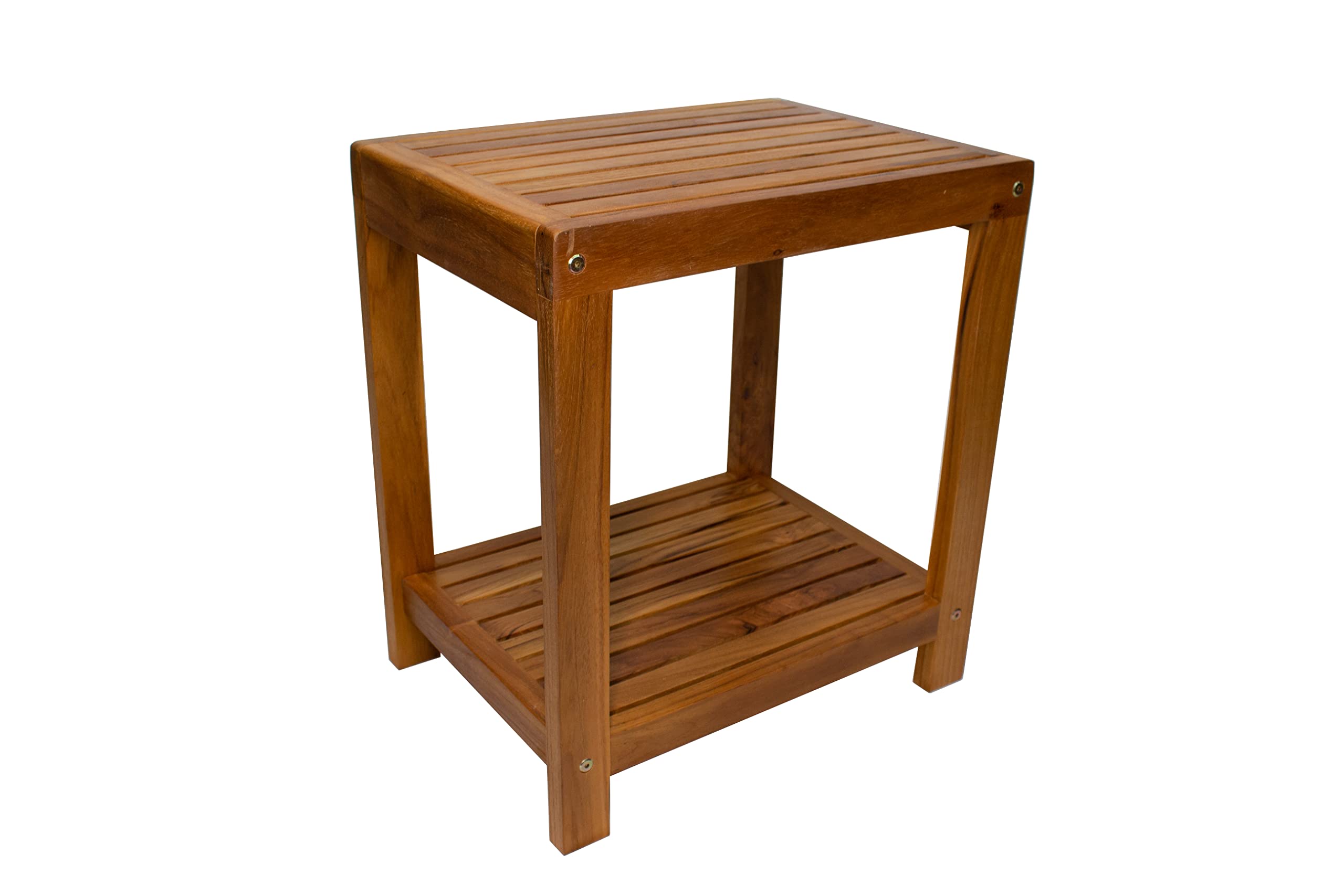 Premium Nordic Style Teak Wood Shower Bench with Shelf | Spa & Bathroom Stool | Indoor & Outdoor Use (18