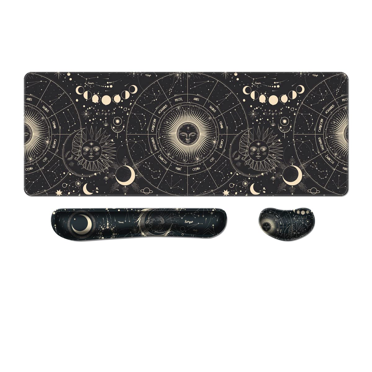 MIBITRI Extended Gaming Mouse Pad & Ergonomic Keyboard Wrist Rest Set - Memory Foam XXL Desk Mat for Pain Relief - 3PC Constellation Design for PC, Office & Gaming Setup