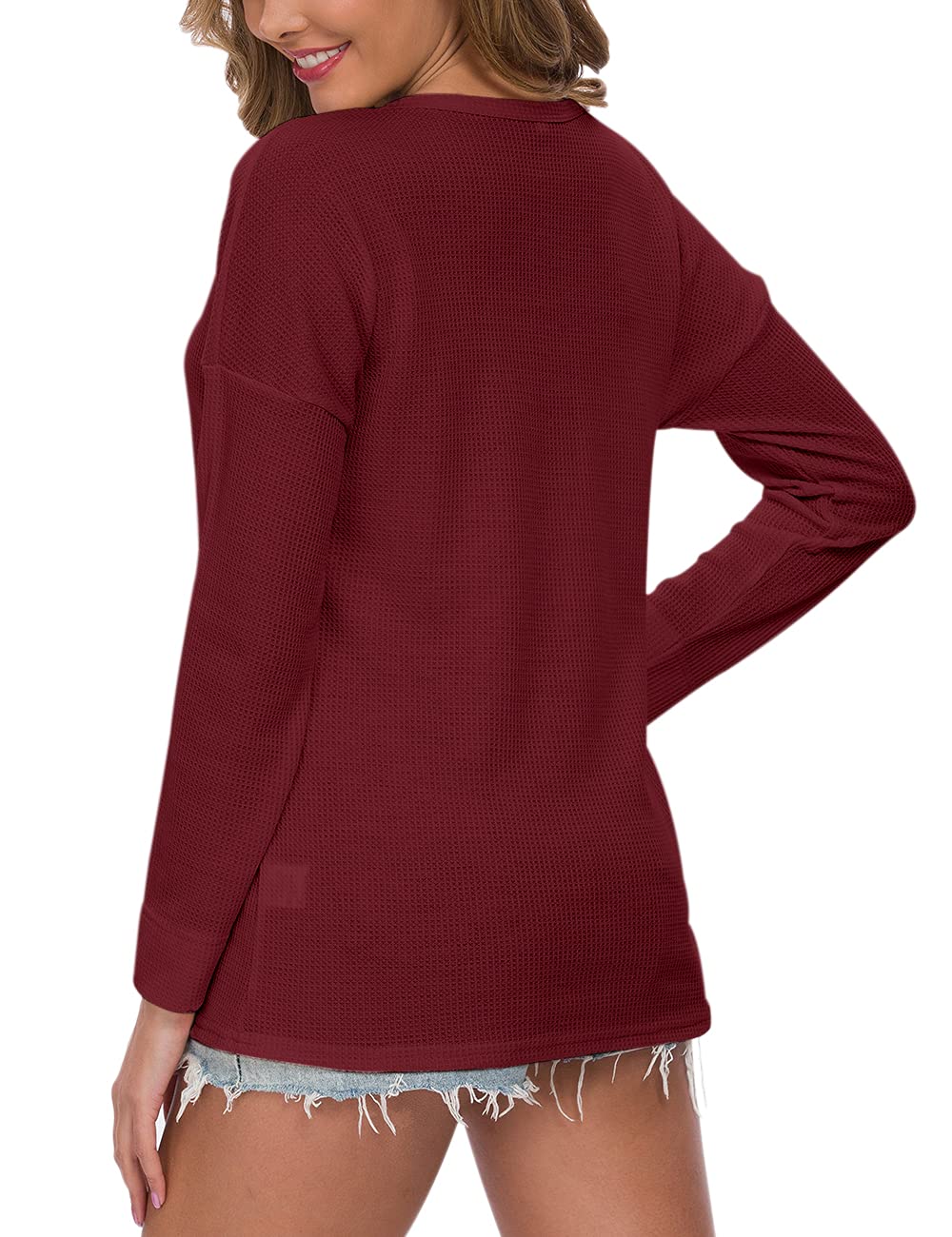 WNEEDU Women's Waffle Knit Tunic Top - Loose Fit Long Sleeve Button Up V-Neck Henley Shirt for Casual Wear & Layering | Perfect for Fall & Winter Outfits