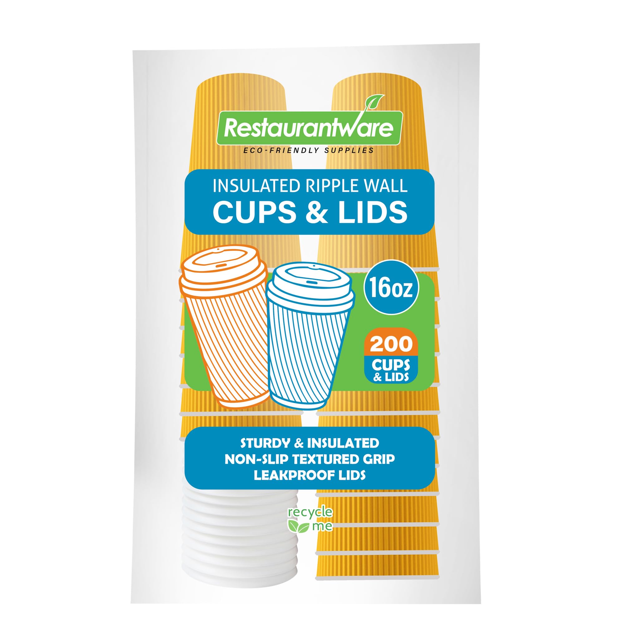 16oz Insulated Coffee Cups with Lids - 200 Pack Leakproof Disposable Hot Drink Cups for Tea, Hot Chocolate & Lattes | Durable Ripple Wall Design, Non-Slip Yellow Paper Cups for Restaurants, Cafes & Office Break Rooms