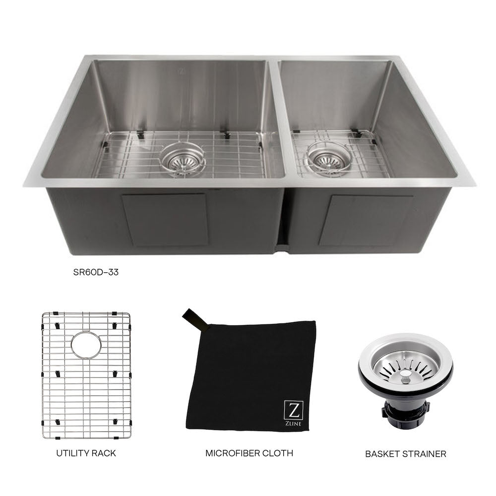 ZLINE Chamonix 33-inch Undermount Double Bowl Stainless Steel Kitchen Sink with Bottom Grid (SR60D 33) - Perfect for Modern Kitchens, Dishwashing & Food Prep