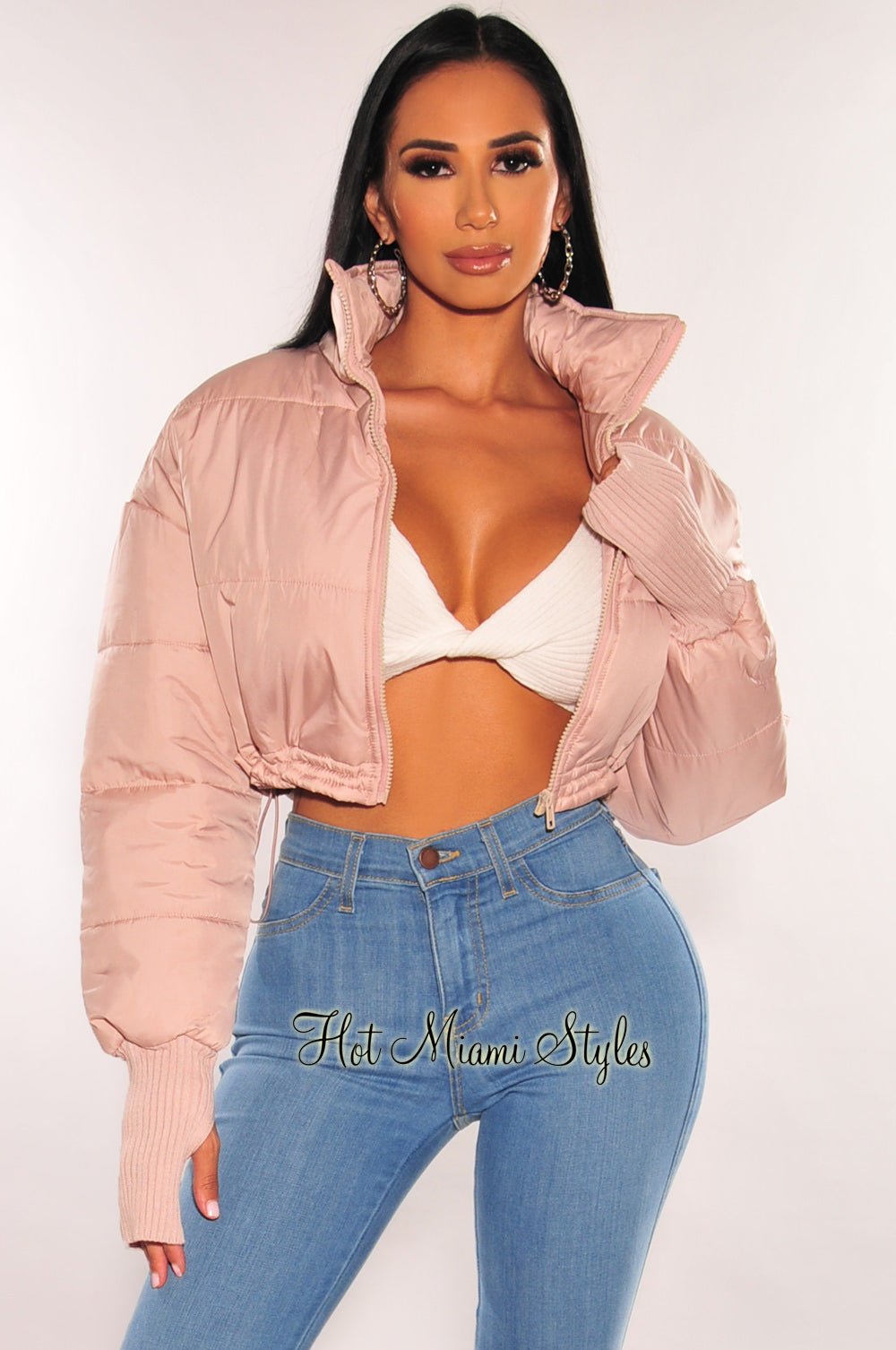 Dusty Pink Cropped Puffer Jacket with Zipper & Long Sleeves | Women's Winter Fashion Outerwear for Casual Outings & Street Style