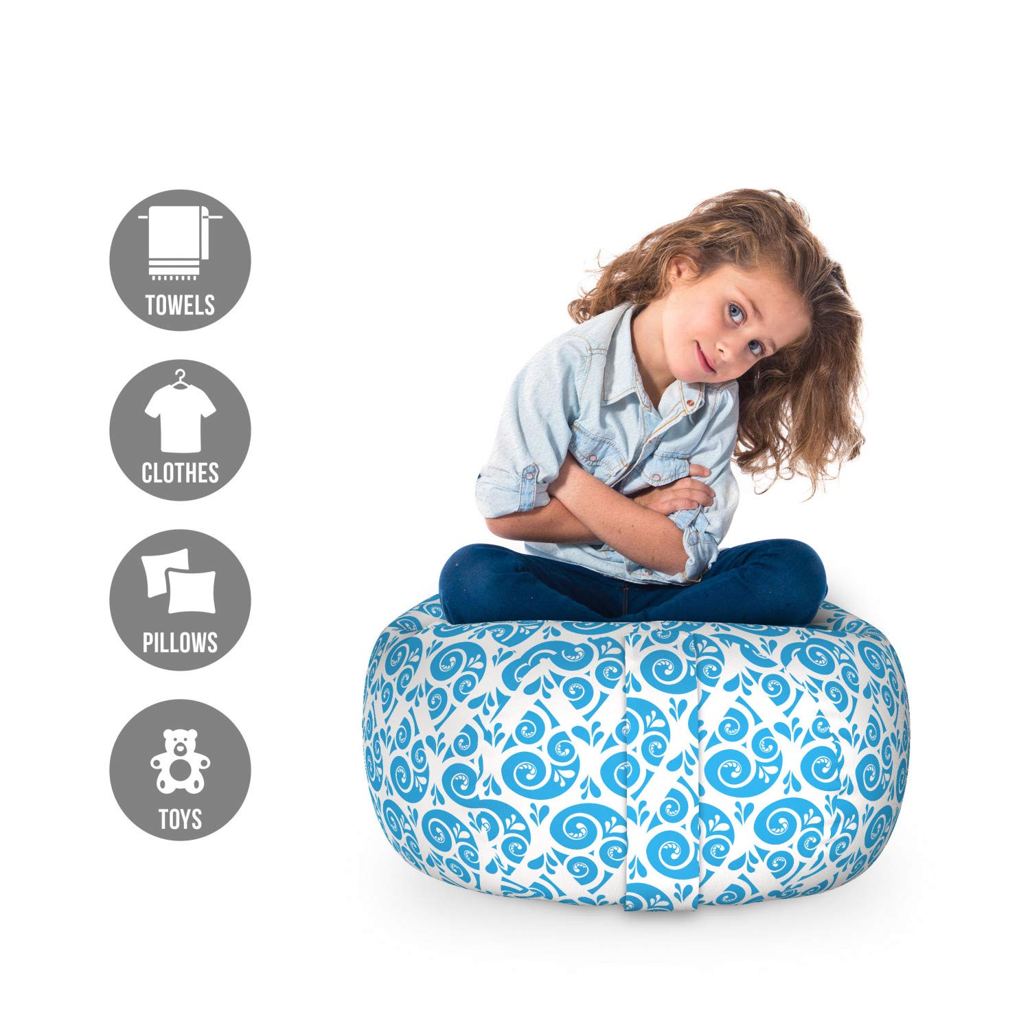Ambesonne Abstract Storage Toy Bag Chair - Monochrome Design with Ornamental Drops Pattern, Washable Stuffed Animal Organizer for Kids Room, Small Size in Sky Blue & White - Perfect for Nursery, Playroom & Bedroom Organization