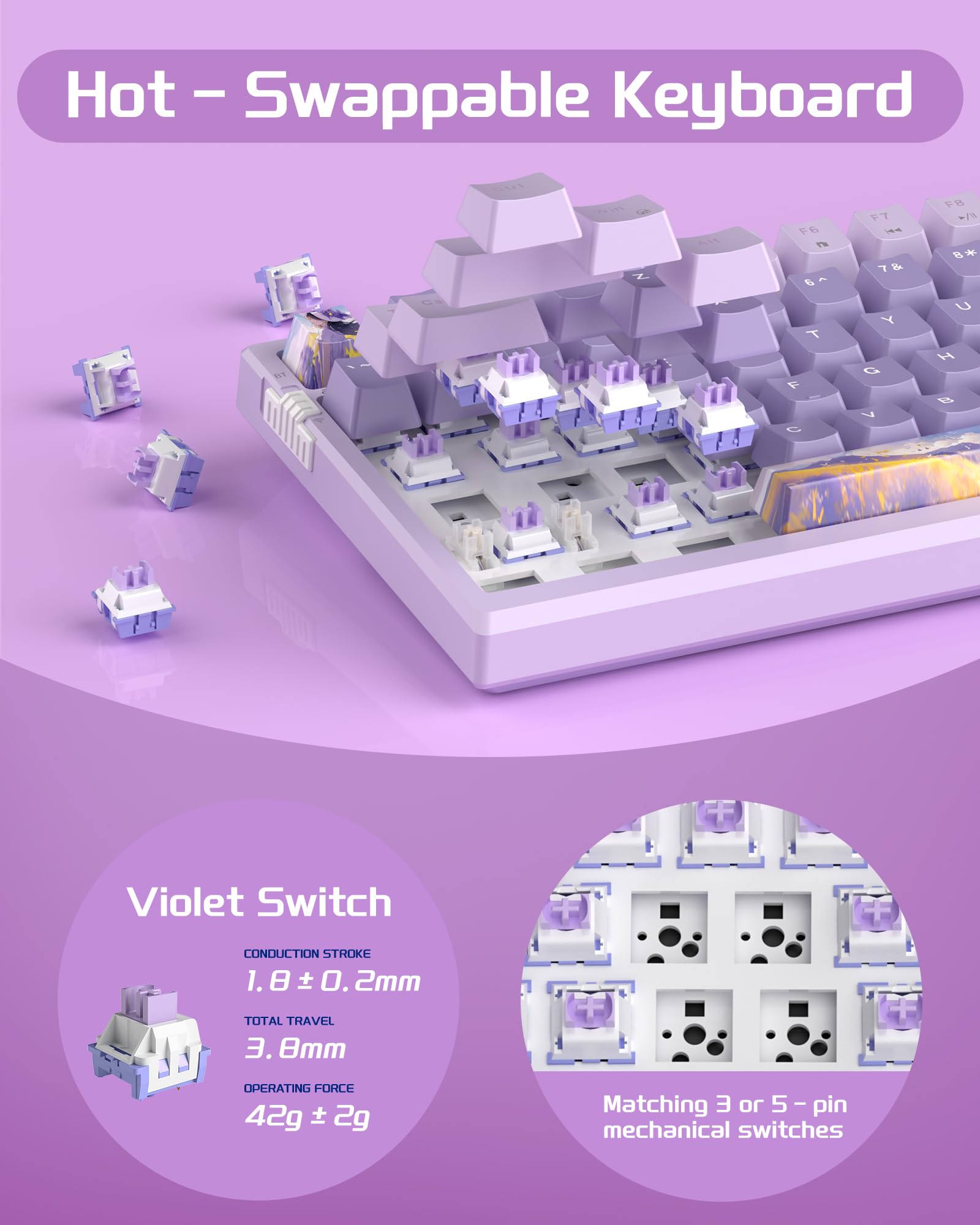 MageGee SKY98 Wireless Mechanical Gaming Keyboard - 96% Hot Swappable RGB Backlit, 5-Layer Sound Padding, Bluetooth/2.4G/USB-C, NKRO for Windows/Mac (Lavender, Violet Switch) | Perfect for Esports, Streaming & Office Work
