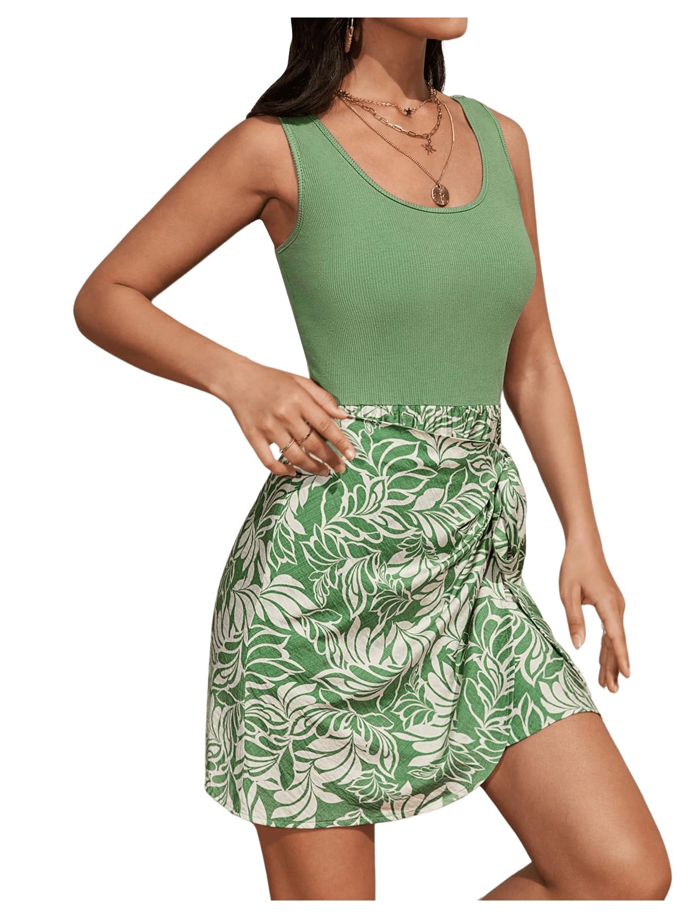 SweatyRocks Women's Tropical Print Wrap Dress - Sleeveless A-Line Mini Dress with Side Tie, Summer Beach Party Outfit, Vacation Dress for Women