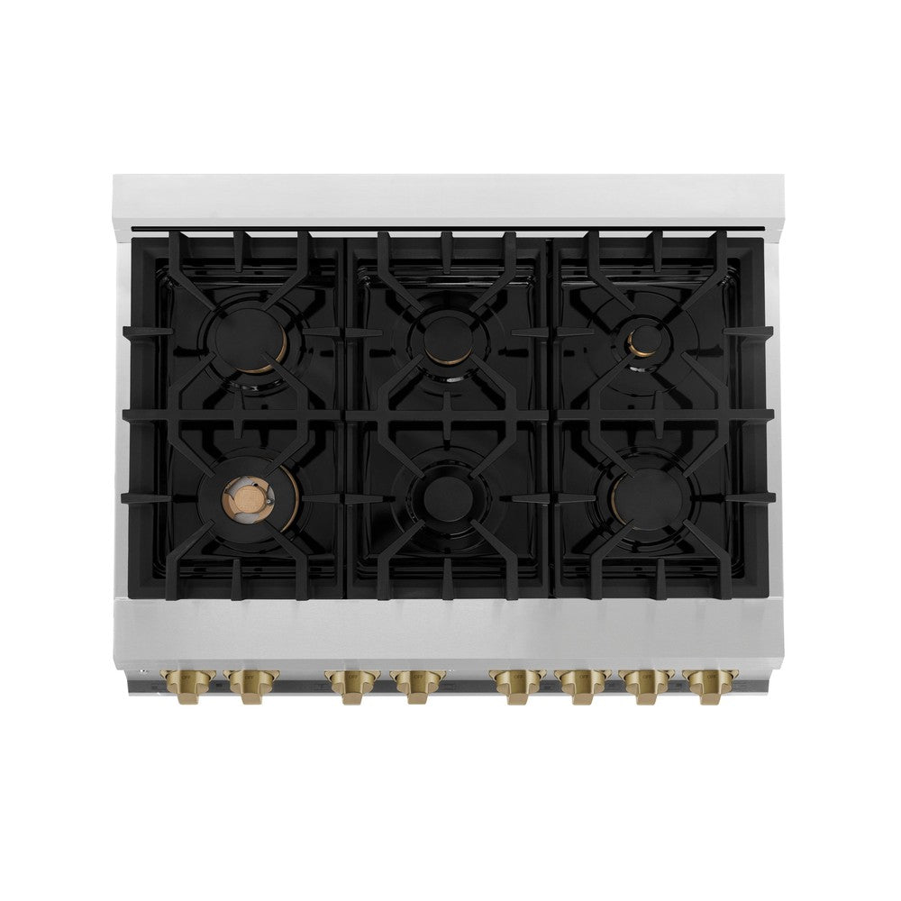 ZLINE Autograph Edition 36-inch Stainless Steel Dual Fuel Range & Range Hood Kitchen Package with Champagne Bronze Accents (2AKP RARH36 CB) - Perfect for Gourmet Cooking & Modern Kitchen Design