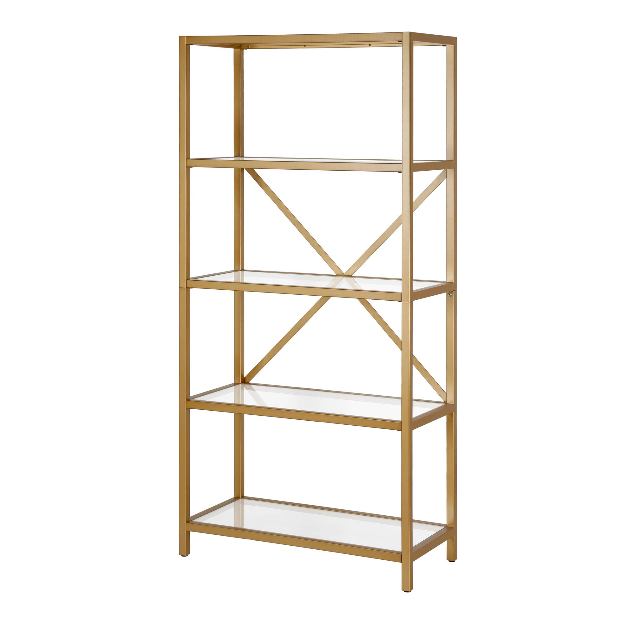 Etta 63 Inch Tall Rectangular Bookcase in Brushed Brass Finish - Modern Bookshelf for Living Room, Office, or Library Storage