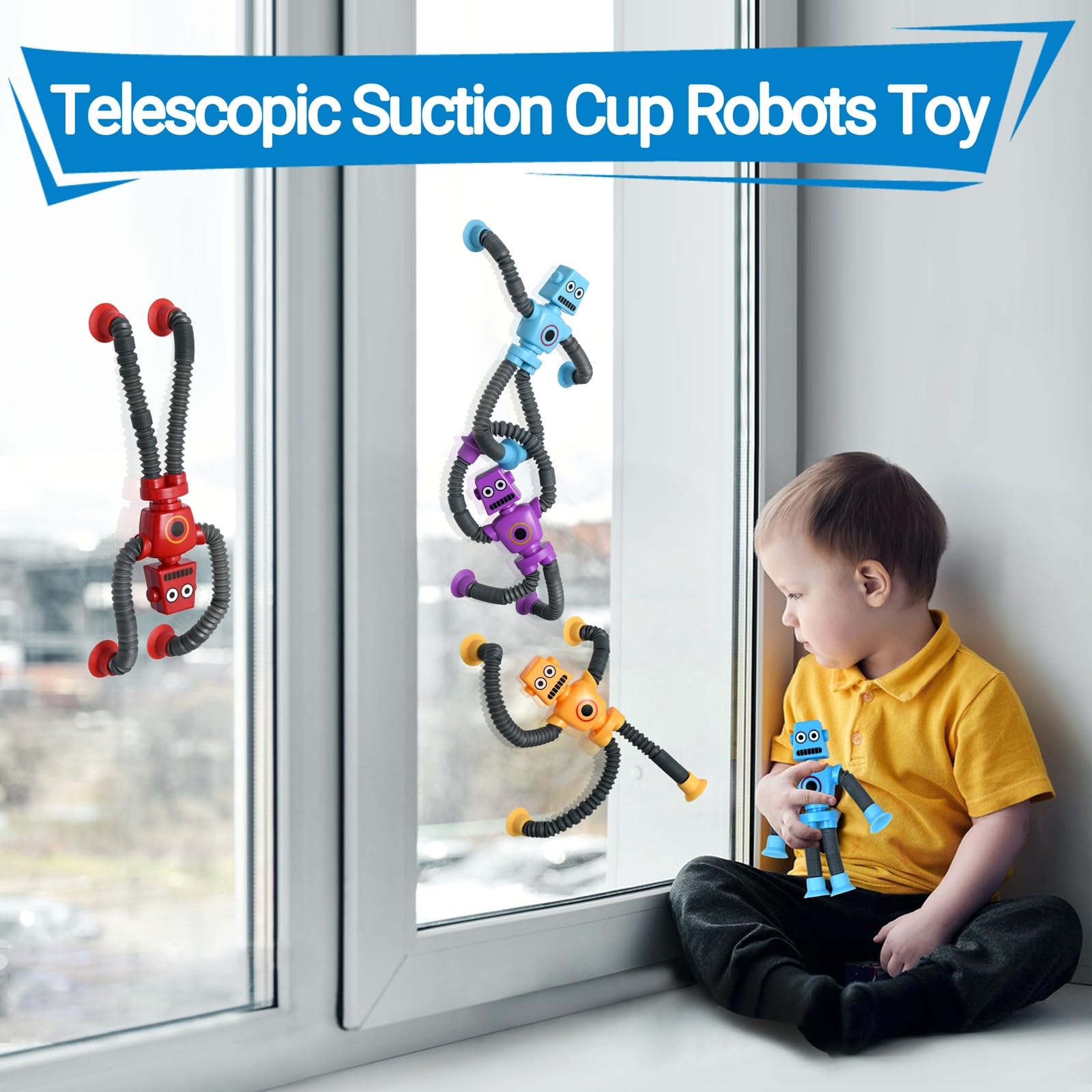 **4 Pack Telescopic Suction Cup Robot Toys - Sensory Fidget Toys for Autism, Stress Relief & Easter Basket Stuffers - Fun Party Favors for Kids & Toddlers (Ages 3-6) - Perfect for Playtime, Gifts & Classroom Activities**
