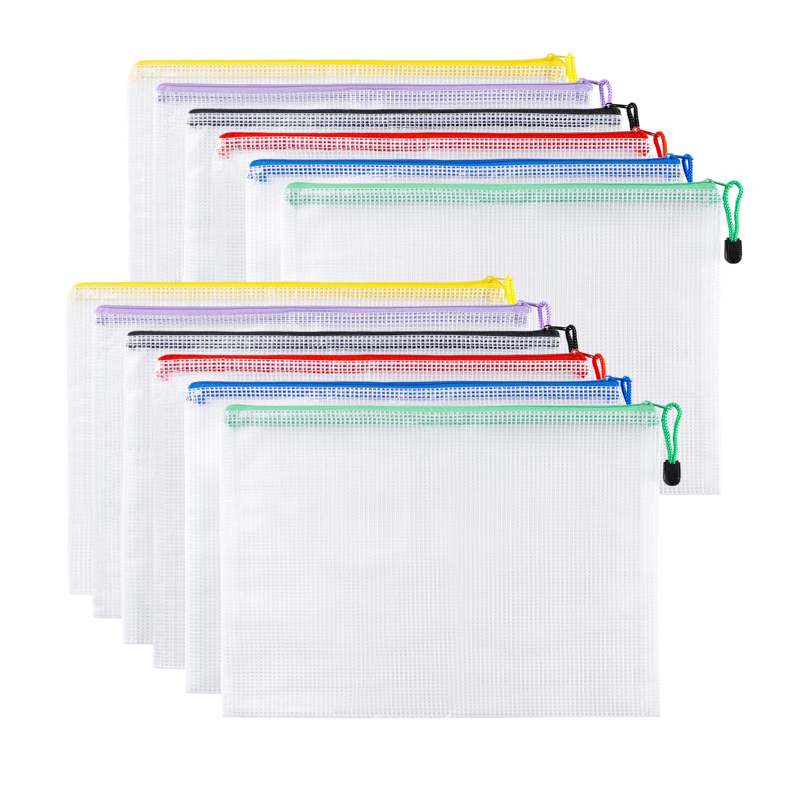 12 Pack A4 Zipper Document Bags - Waterproof Mesh Plastic File Folders for Documents, Cosmetics, Travel Accessories - Perfect for Office, School, Travel & Organizing