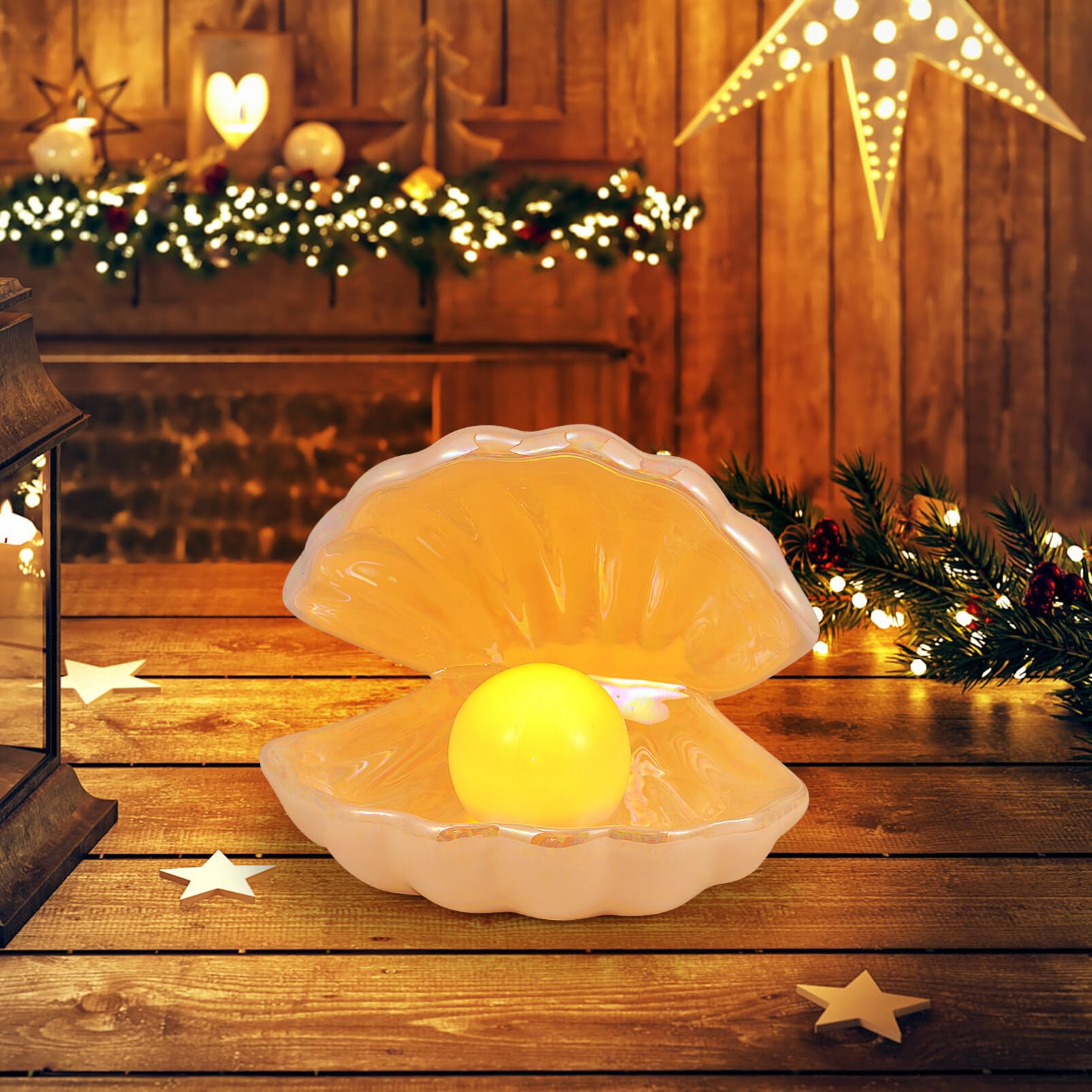 Natural Pearl in Shell Night Light - Ceramic Desktop Lamp for Bedroom, Living Room & Nursery Decor | Soothing Ambient Lighting for Relaxation & Sleep