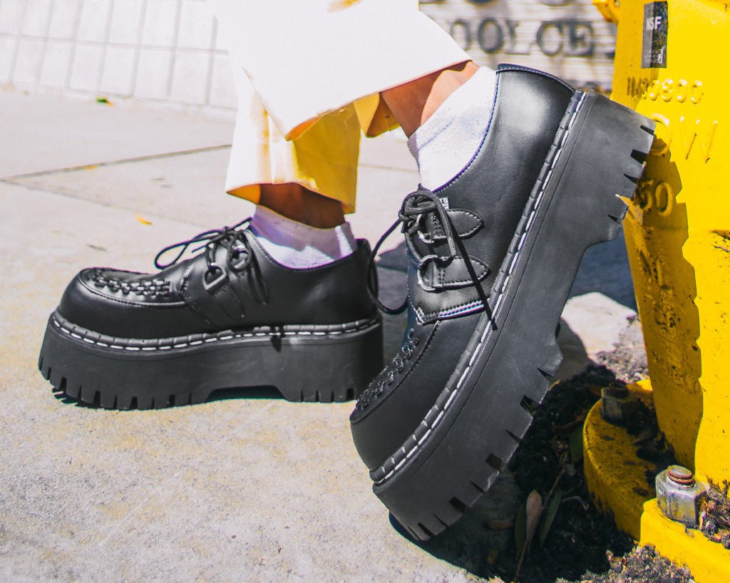 Black TUKskin™ Interlace Double Decker Creeper Platform Shoes | Gothic Punk Rock Fashion Footwear for Women | Perfect for Concerts, Nightclubs & Alternative Style Outfits