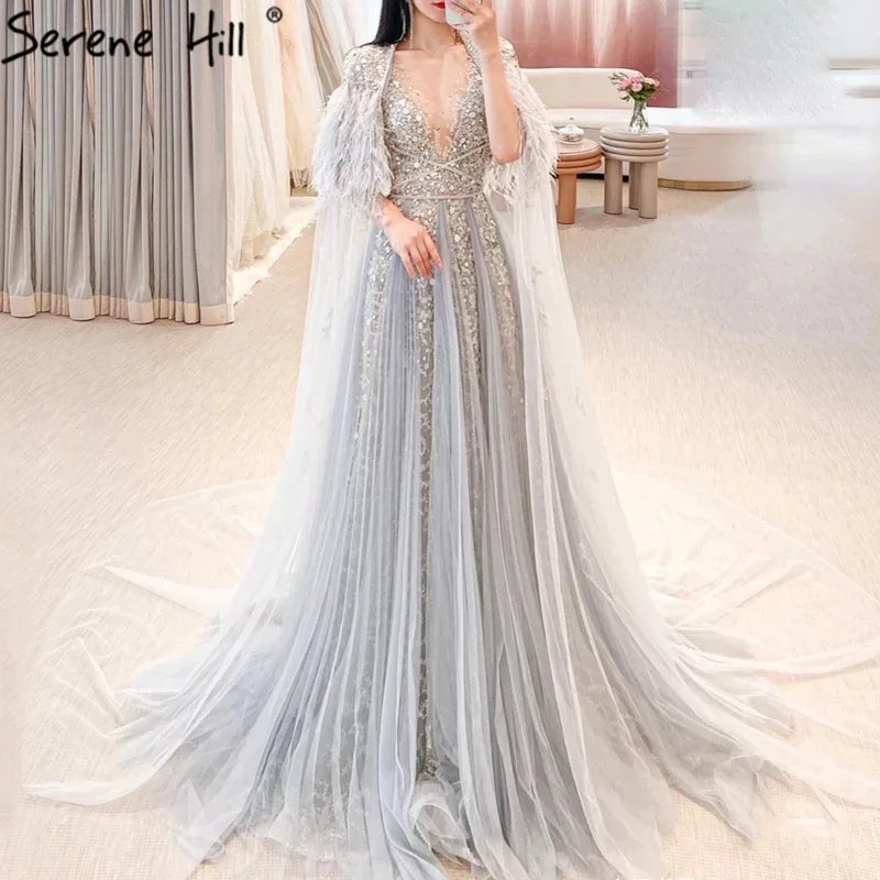 Luxury Dubai Grey Evening Formal Dress with Feather Cape Shawl - Gold Arabic Women's Wedding Party Gown LA70640 | Elegant Long Gown for Special Occasions, Galas & Red Carpet Events