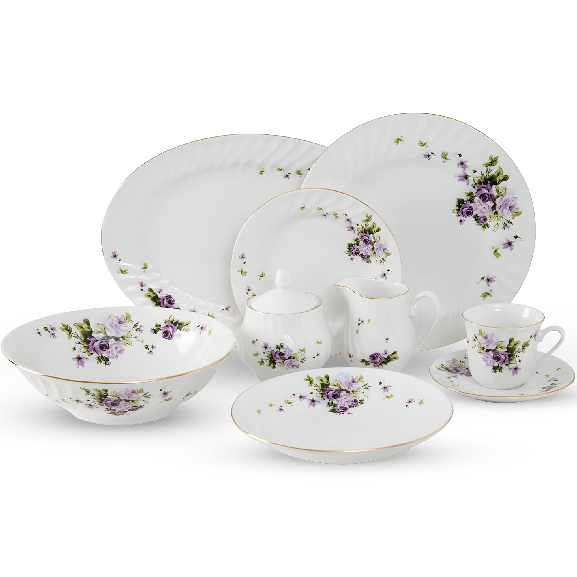 Lynns Paradise 45-Piece Lucinda Dinner Set with Gold Trim - Vintage Floral Plates & Bowls Set | Elegant Tableware for Dinner Parties, Wedding Registry & Home Decor | Perfect for Apartment Essentials & Kitchen Accessories