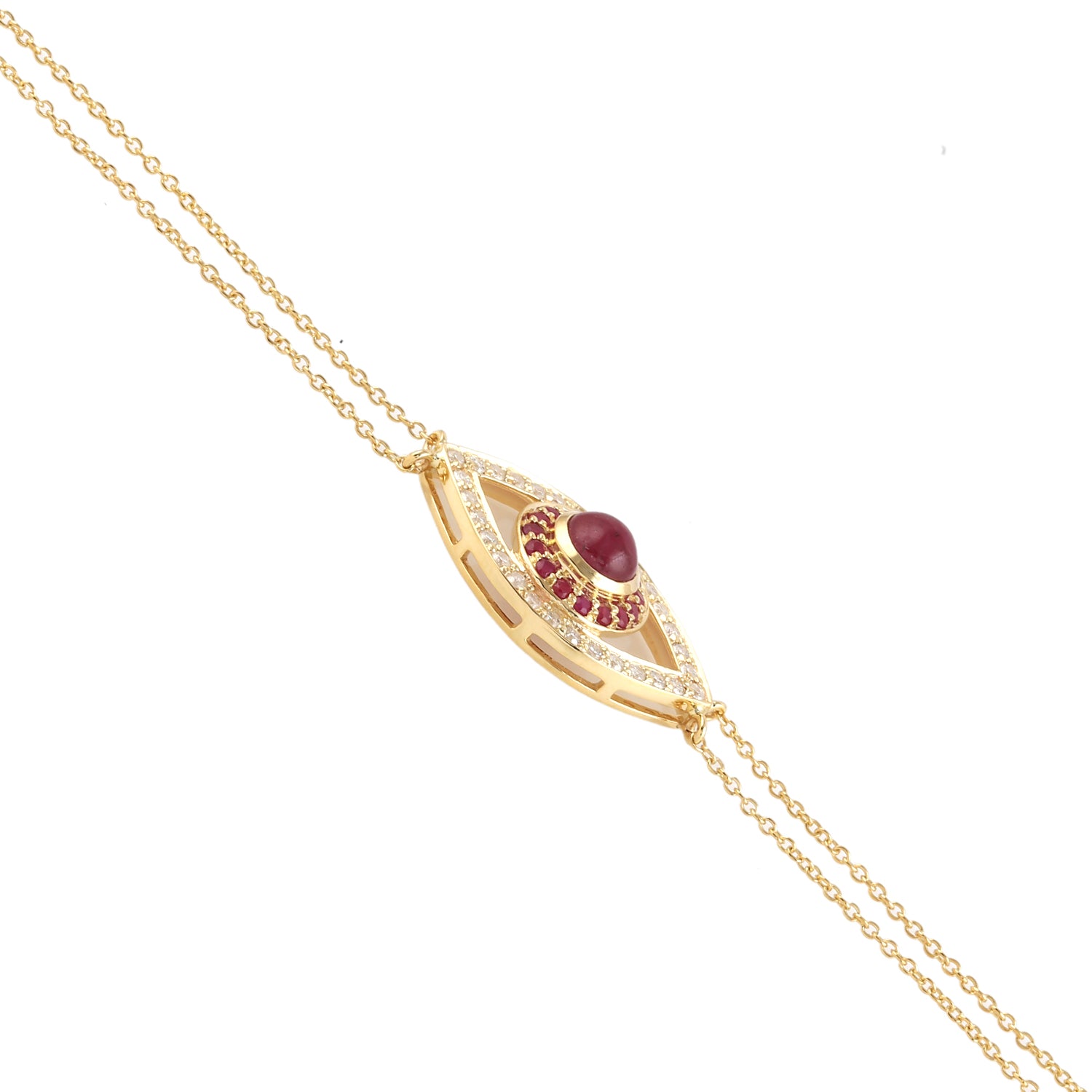14K Yellow Gold Bezel Set Ruby Pave Diamond Evil Eye Bracelet - Adjustable & Flexible for Protection & Style - Perfect for Everyday Wear, Gifts & Spiritual Jewelry